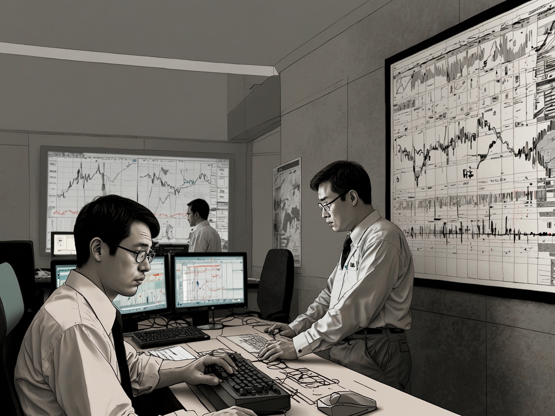 A seismologist analyzing data on a computer screen, while emergency response teams prepare for potential earthquake impacts in Japan, highlighting the need for disaster readiness.