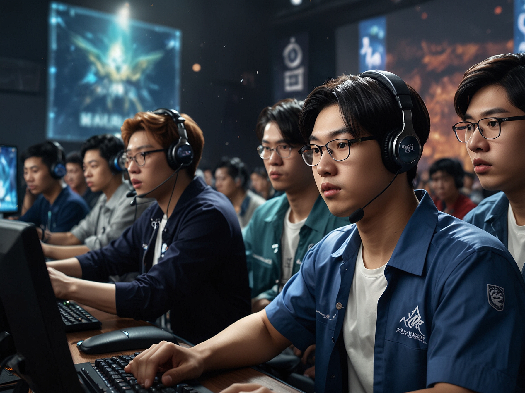 An exhilarating scene from the M6 Mobile Legends tournament featuring Team Liquid ID and RRQ Hoshi players engaged in an intense match, displaying dynamic strategies and focused expressions.