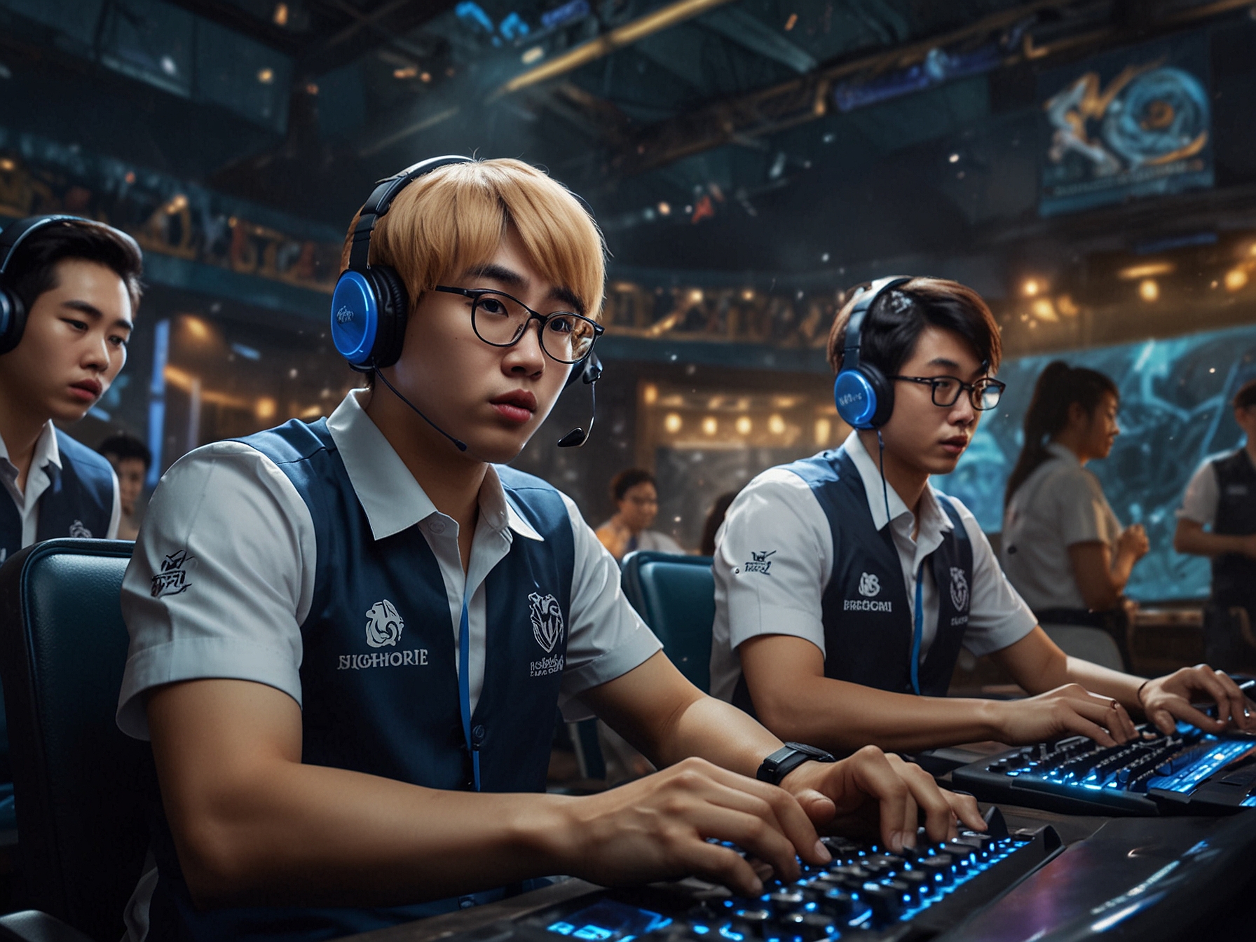 A close-up shot of passionate esports fans cheering and waving flags in support of their favorite teams, capturing the electric atmosphere of the M6 Mobile Legends tournament.
