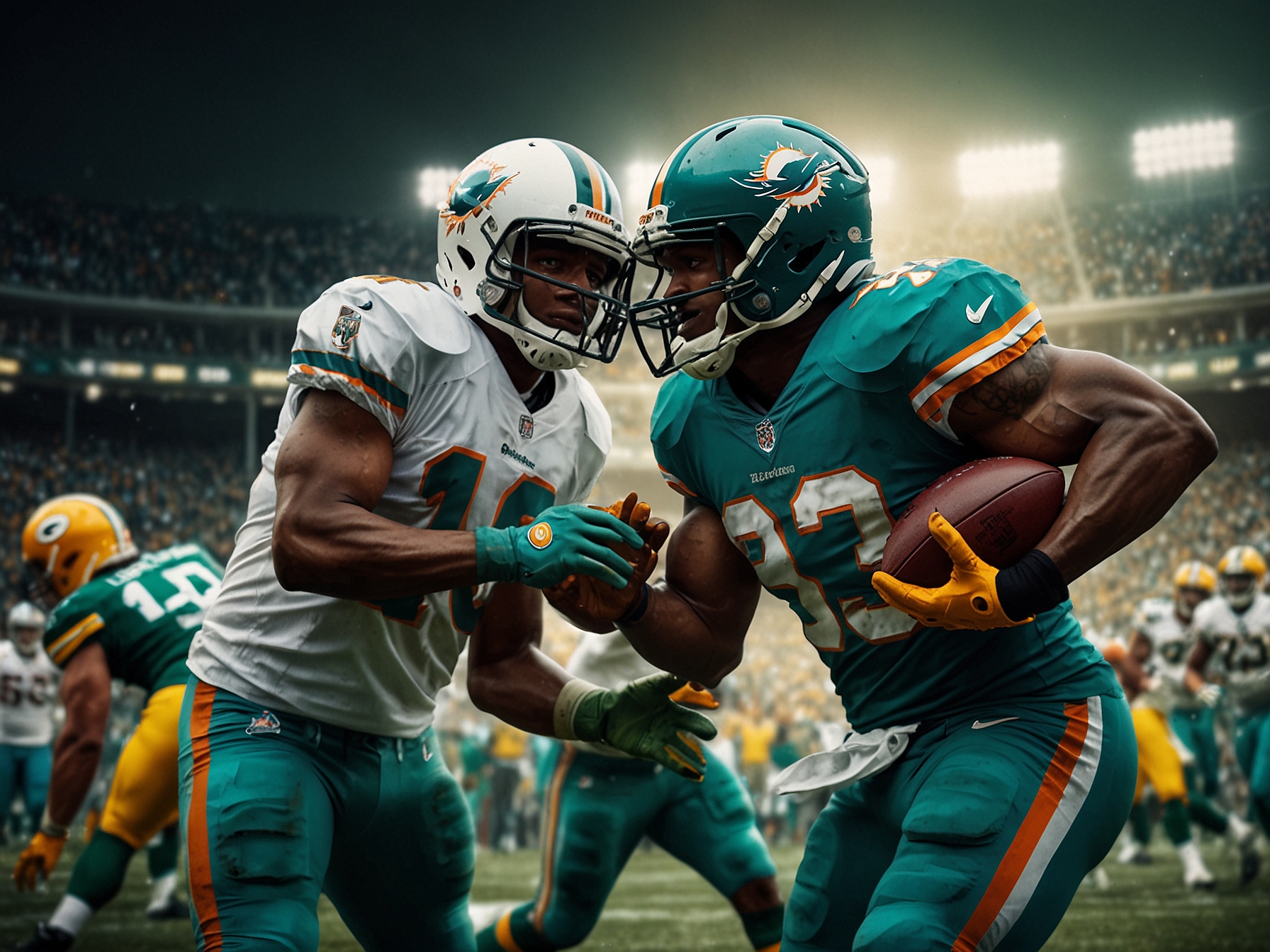 An intense football scene showing Miami Dolphins players in teal uniforms clashing against Green Bay Packers in green and gold colors during a Thanksgiving game under bright stadium lights.
