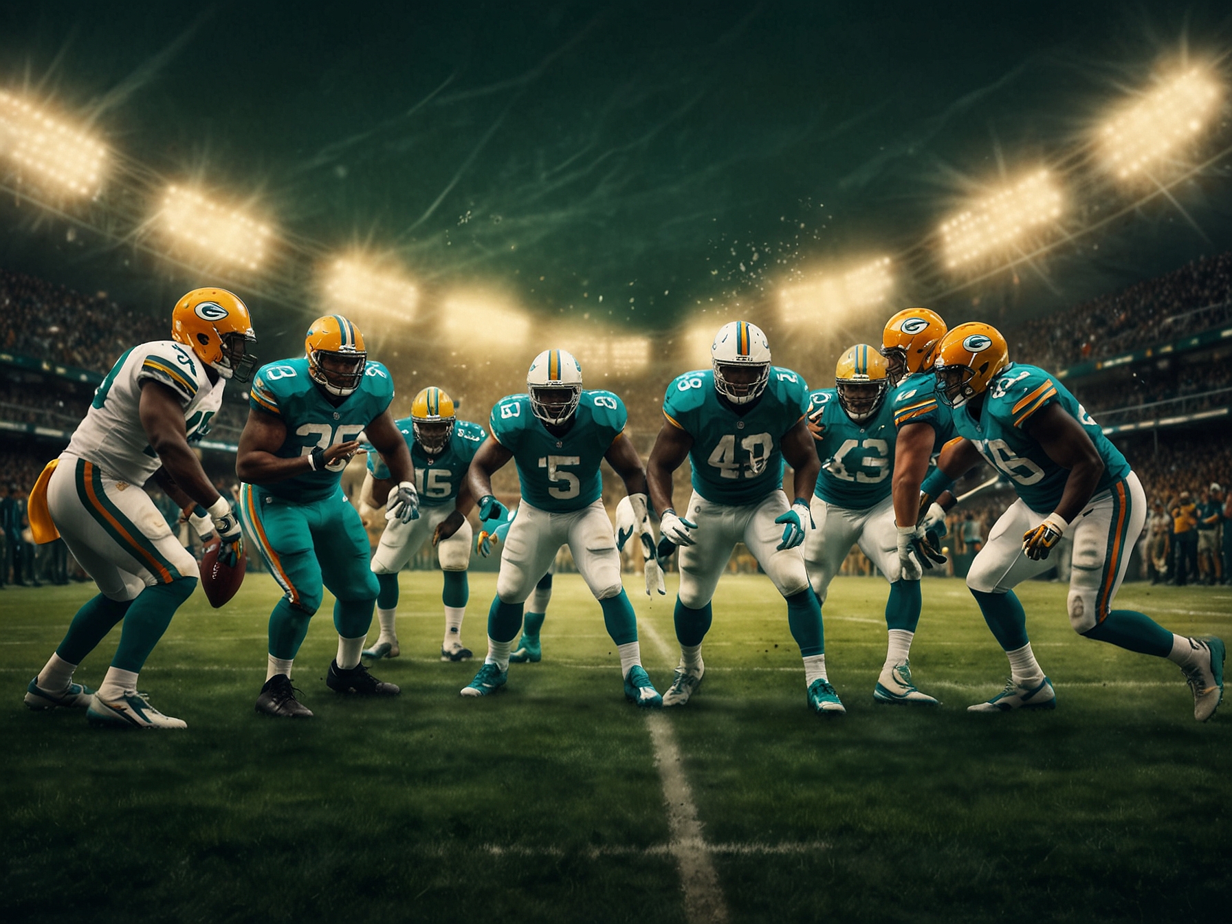 Fans in Thanksgiving attire, cheering passionately for their teams, filled with anticipation as they watch the Dolphins vs. Packers game unfold on a big screen.