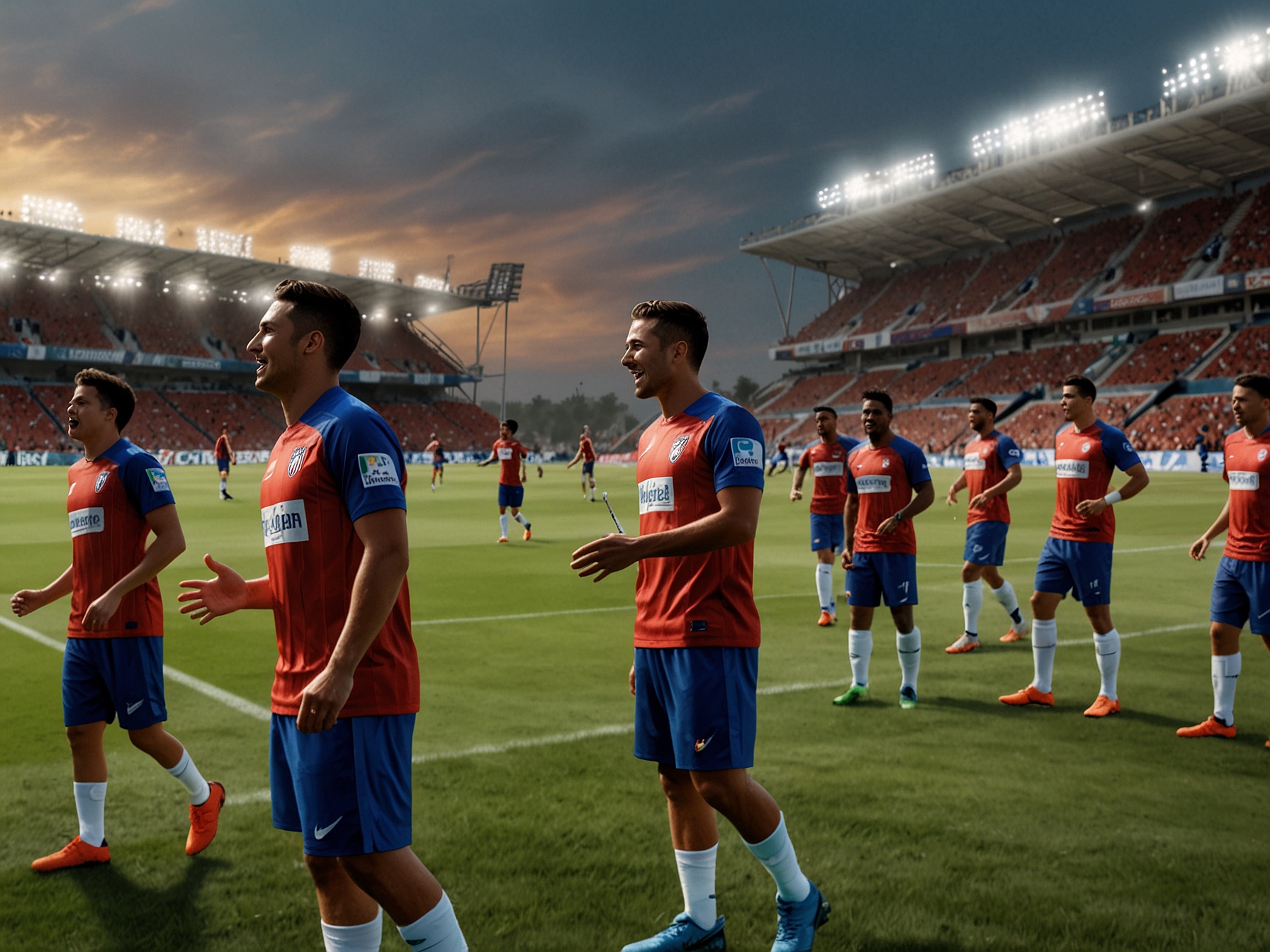 A dynamic illustration of Atlético de San Luis players practicing on the field with fans cheering in the background, capturing the anticipation and excitement ahead of their playoff match against Tigres.