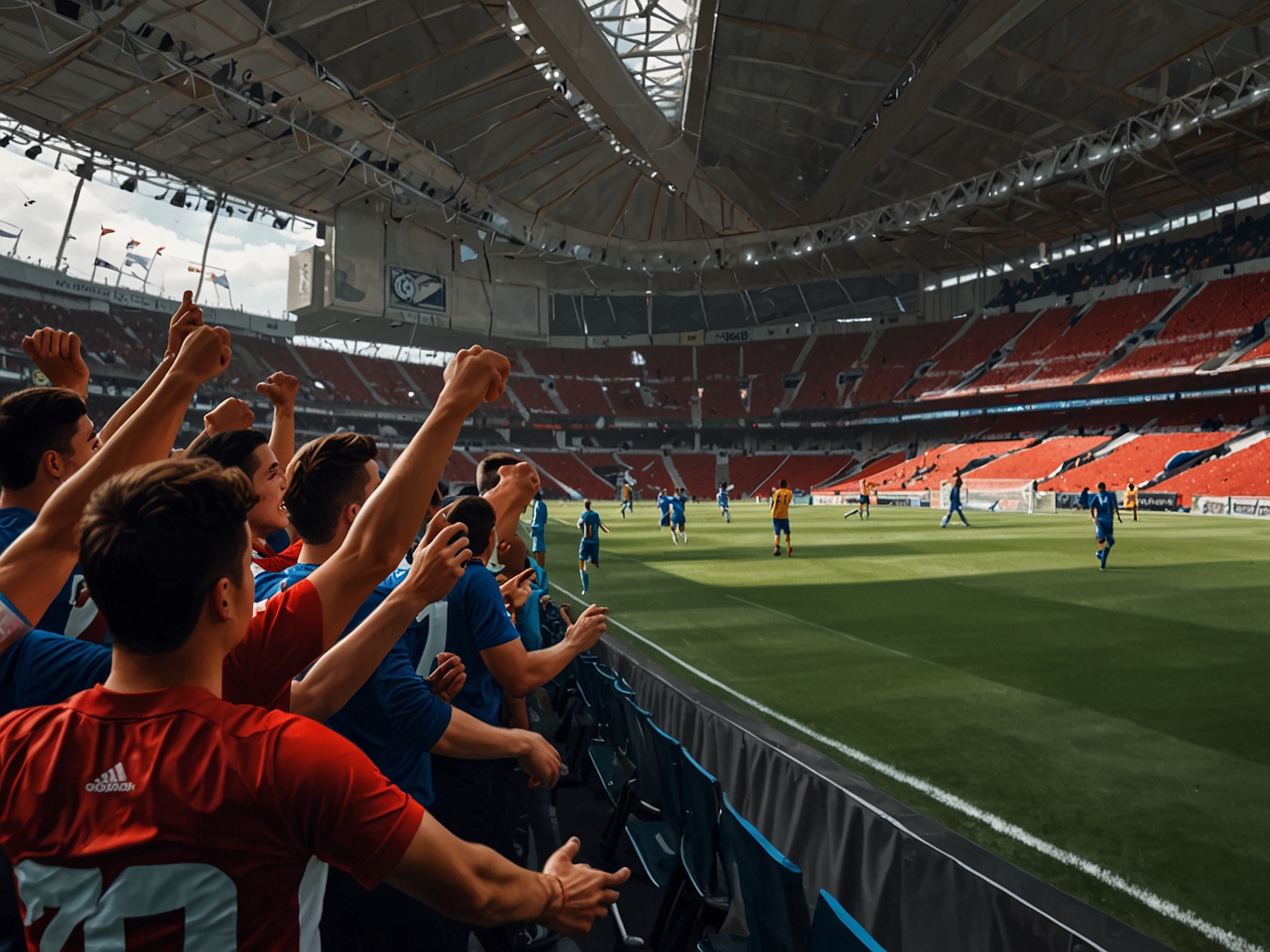 A dramatic depiction of the Alfonso Lastras Stadium filled with enthusiastic San Luis fans, showcasing a sea of team colors and banners, encapsulating the electric atmosphere of the upcoming Liguilla clash.