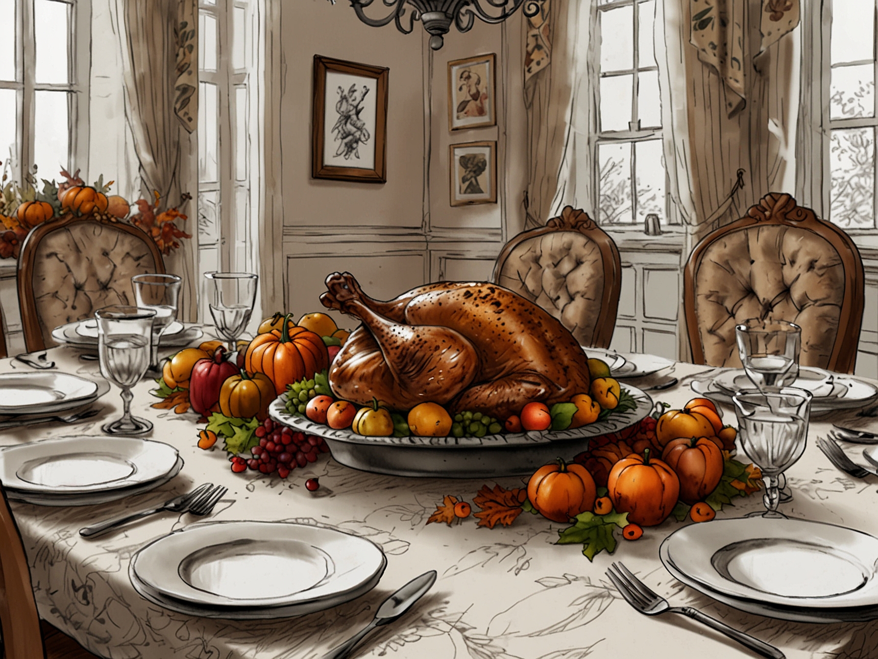 A festive Thanksgiving table set with turkey and autumn decorations, contrasting with a bold quote from Trump's Thanksgiving message about the 'Radical Left'.