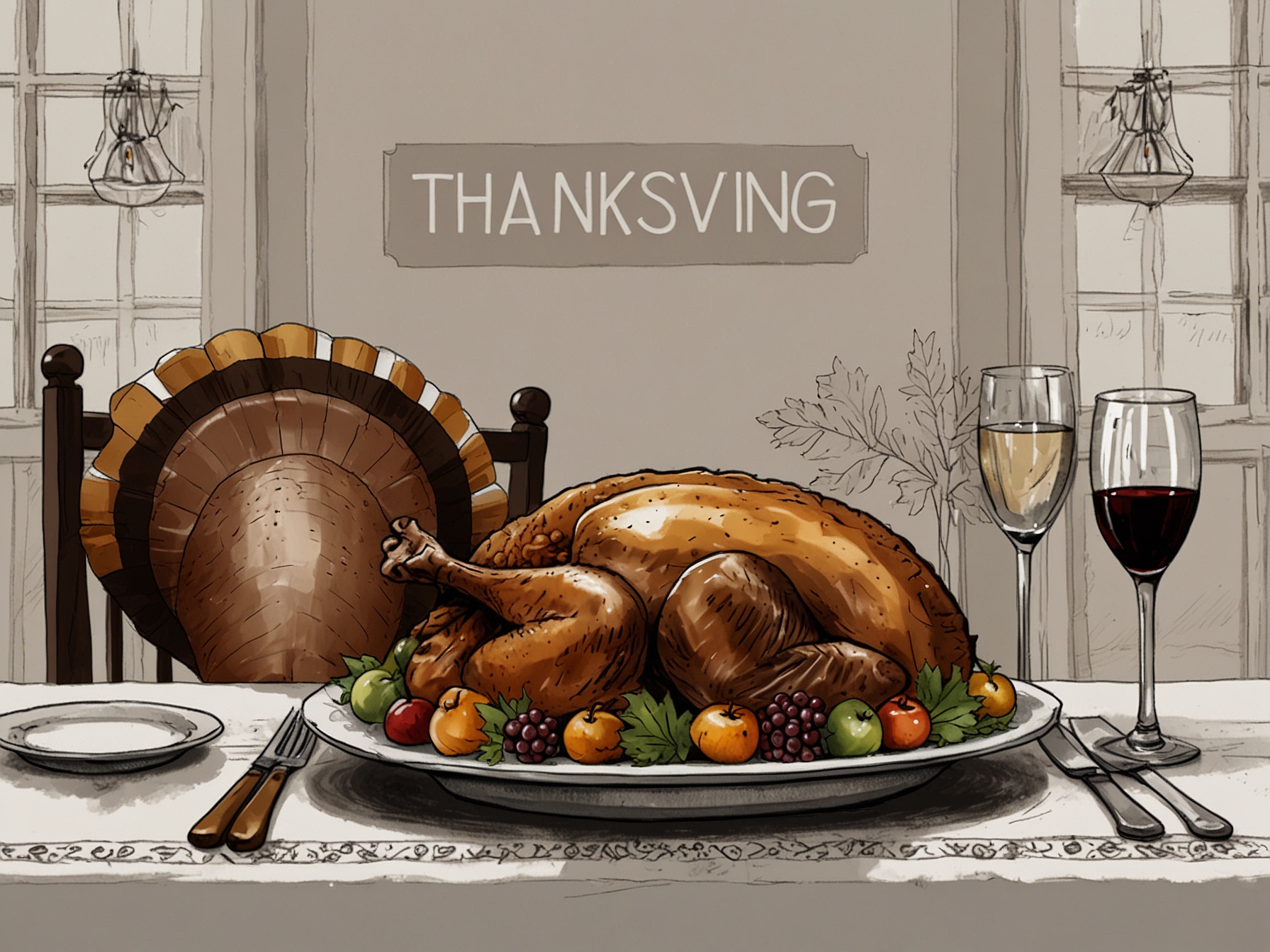 A visual representation of Thanksgiving gatherings showcasing families enjoying meals while a framed photo of Trump at Mar-a-Lago hangs in the background, symbolizing political contrast.