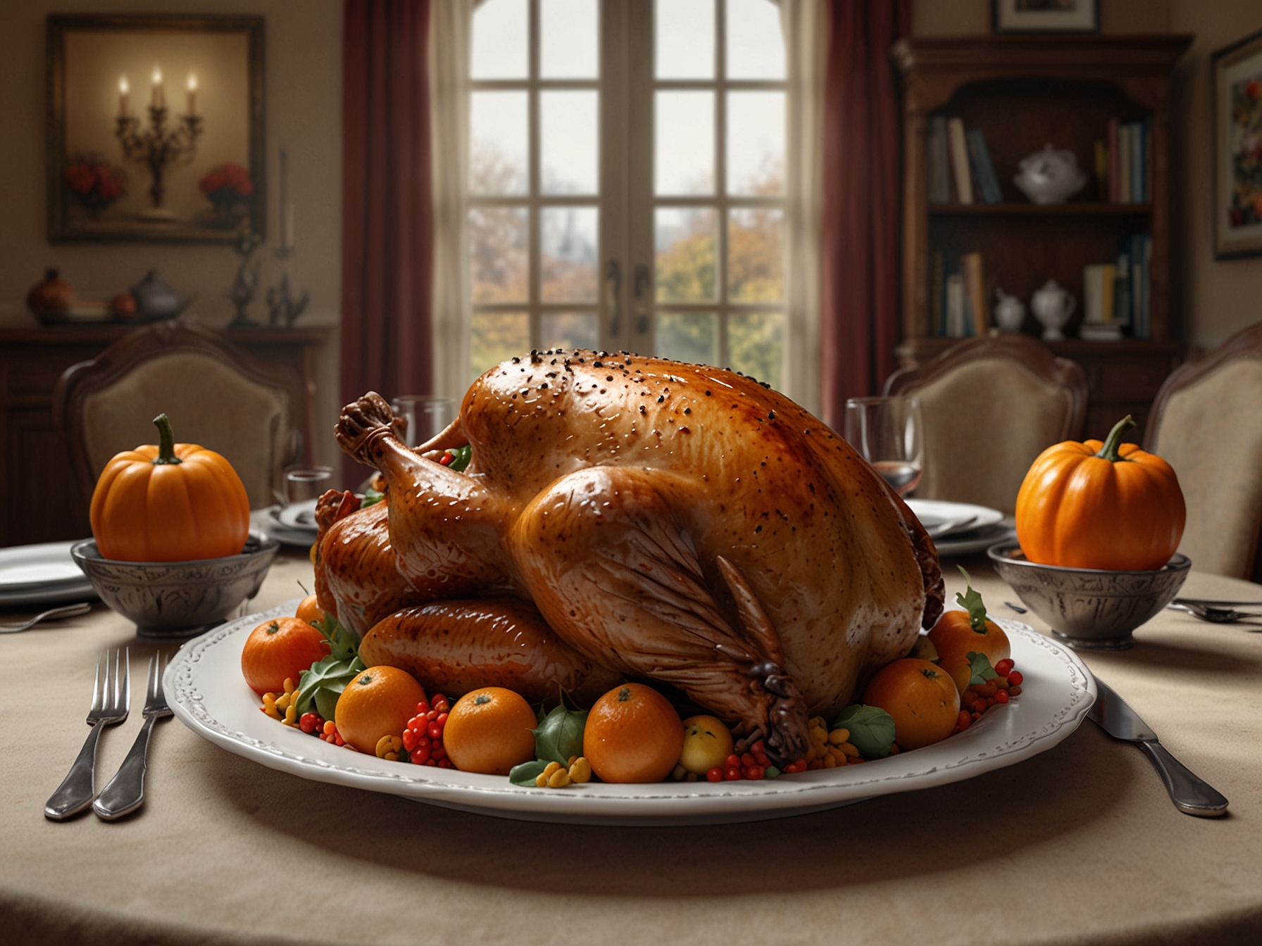 An illustration of divided families at Thanksgiving, some celebrating, while others display signs of discord, highlighting the political tensions reflected in Trump's message.