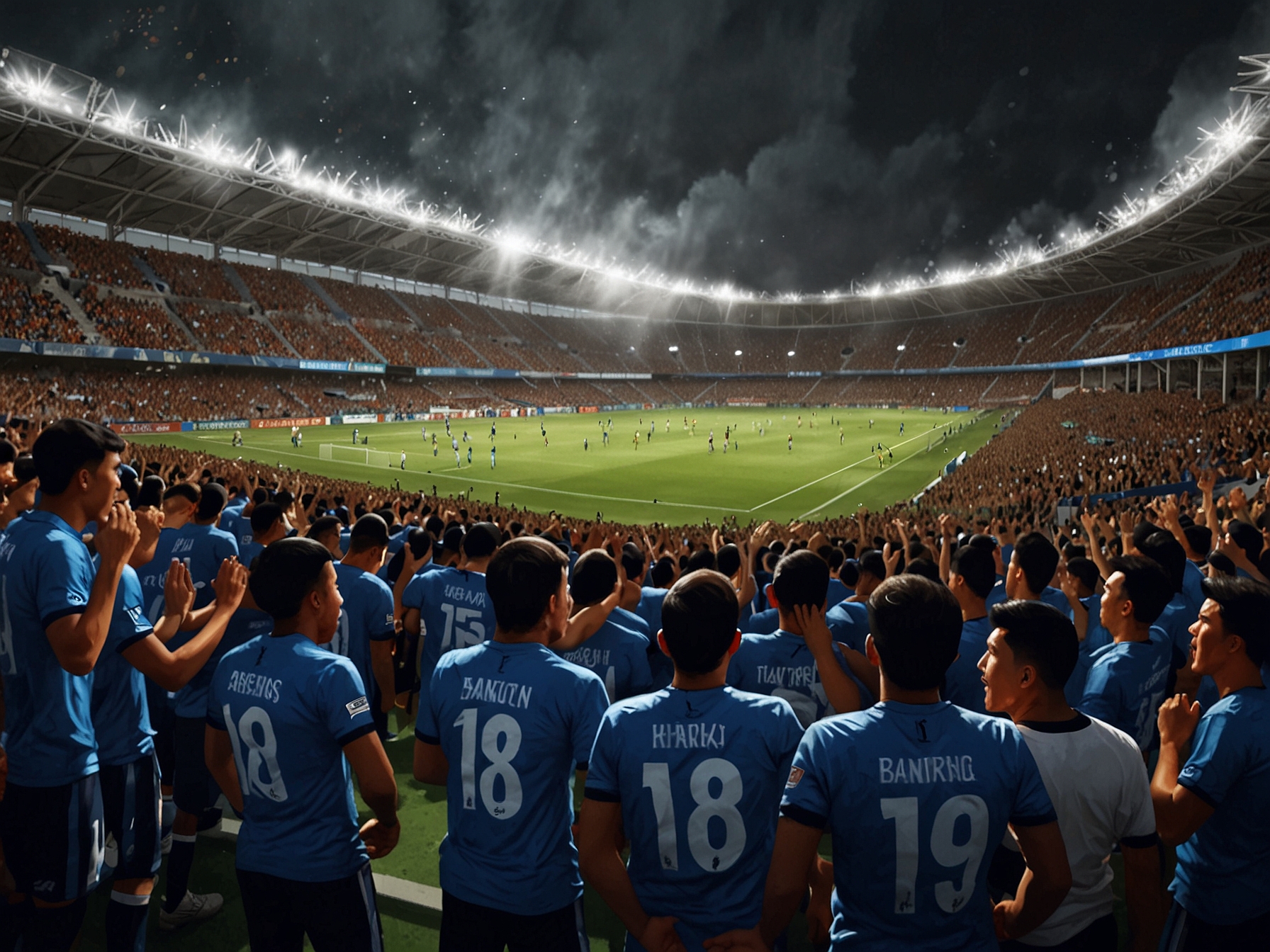 An intense moment from the AFC Champions League match showcasing the electrifying atmosphere at Stadion Pathum Thani, as players from Persib Bandung and Port FC battle for possession amidst cheering fans.