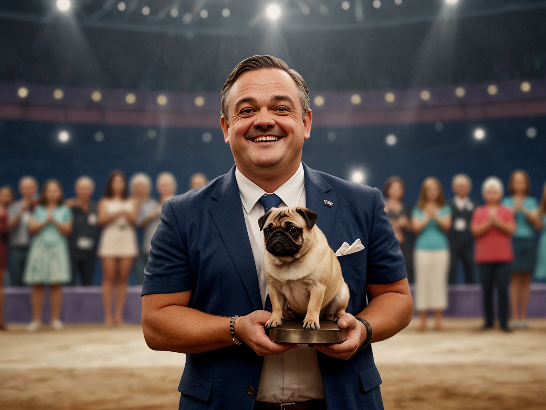 An adorable Vito the Pug proudly holds his Best in Show trophy amid a backdrop of cheering dog lovers at the 2024 National Dog Show, showcasing his compact build and charming expression.