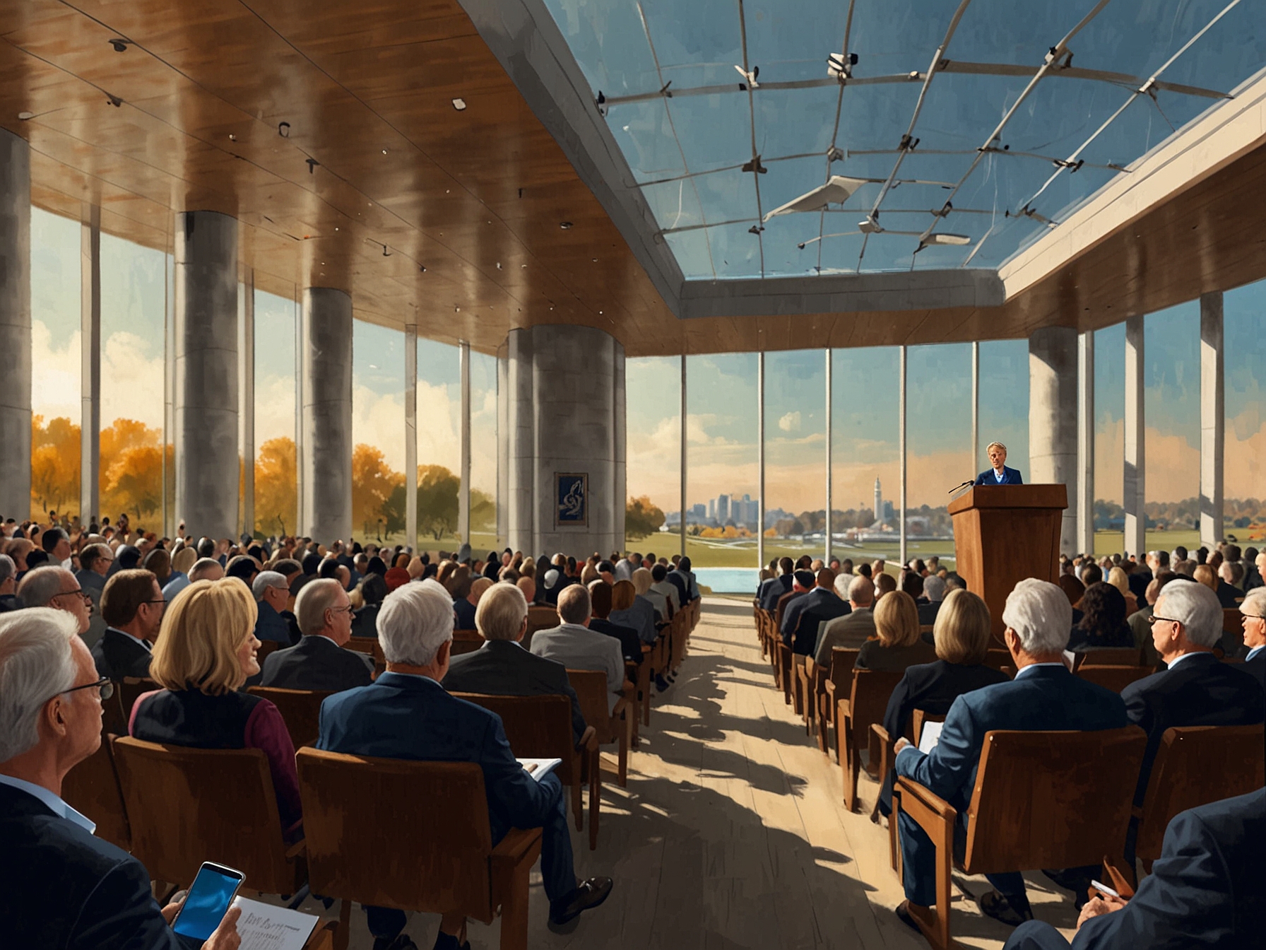 An engaging image of Hillary and Bill Clinton speaking at the Clinton Presidential Center, highlighting their contributions and legacy, with an audience eagerly listening.
