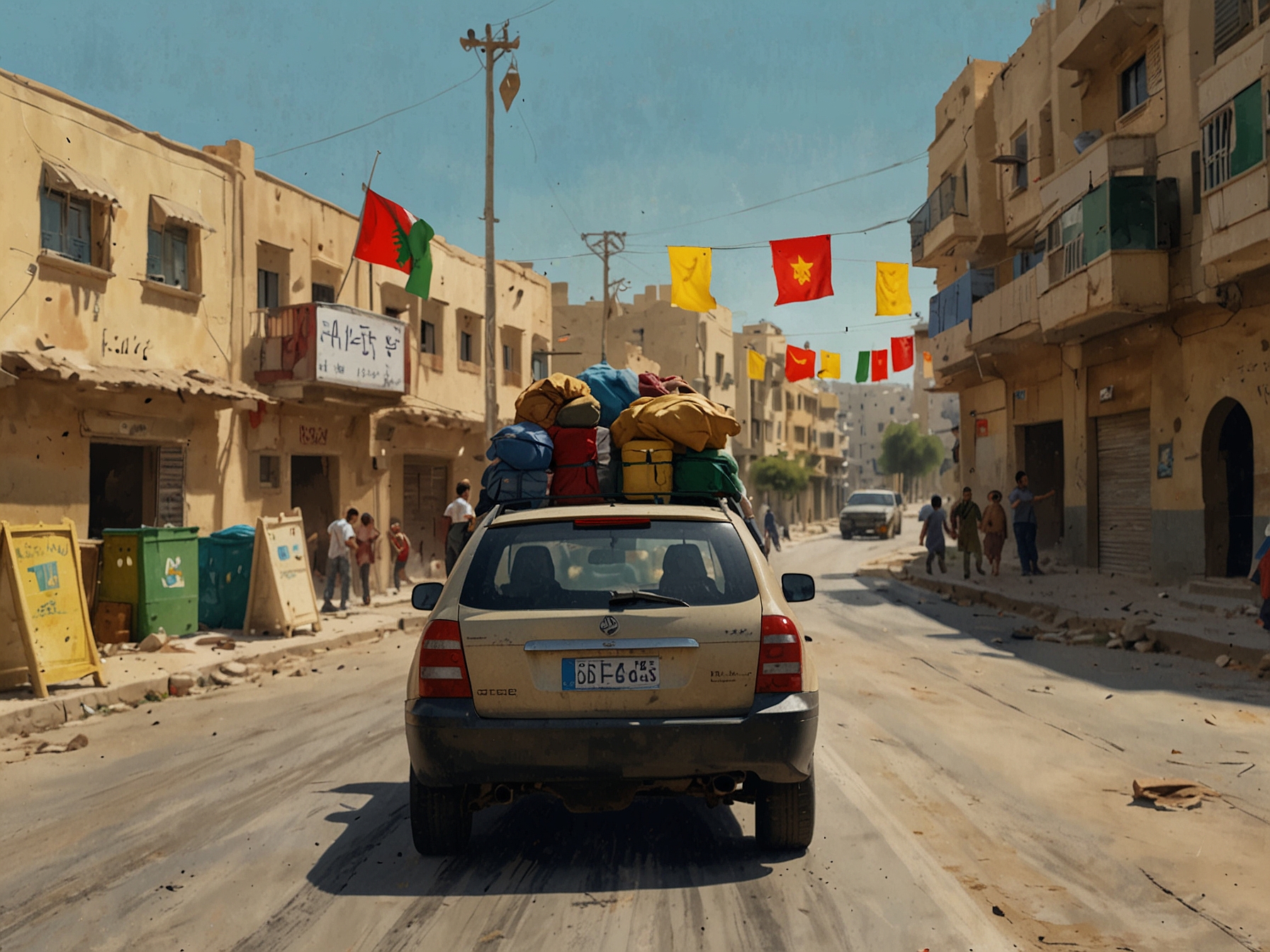 A family in Lebanon joyfully returning to their home with packed belongings in a car, amidst a backdrop of military checkpoints and Hezbollah flags, symbolizing hope and uncertainty after conflict.