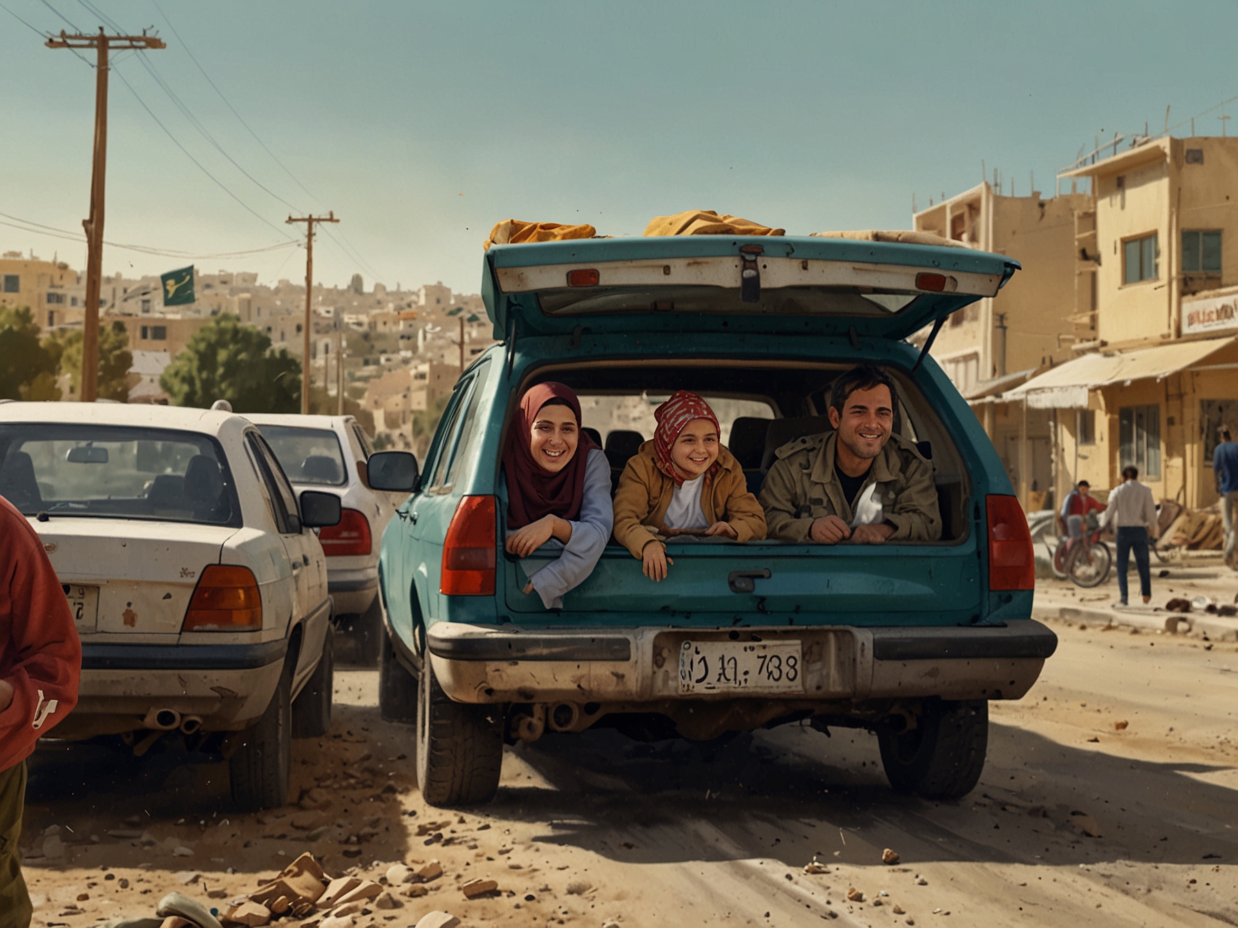 An emotional scene of families driving down a road in southern Lebanon, expressing a mix of joy and anxiety while reuniting with their homeland following the ceasefire.