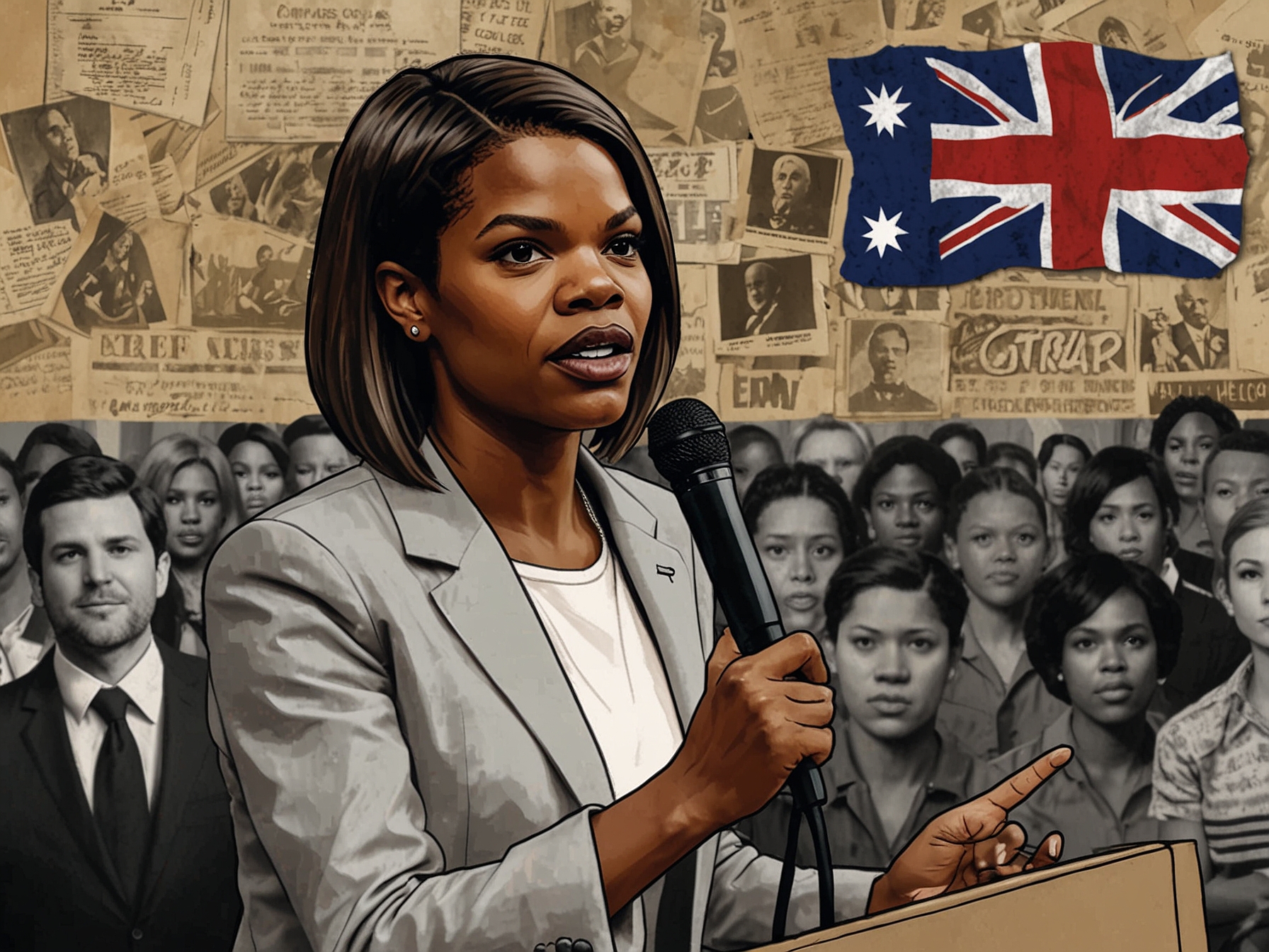 A collage depicting Candace Owens speaking at an event, with images of Australia and New Zealand in the background, symbolizing the countries' visa bans and the ongoing debate about free speech.