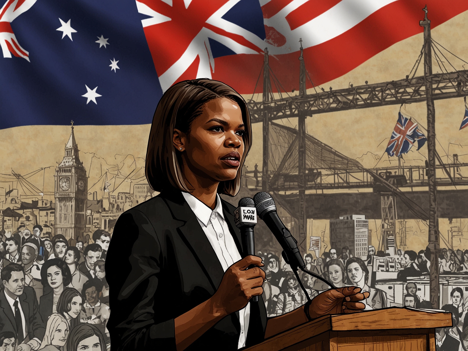An illustration showing a silhouette of Candace Owens with speech bubbles containing various quotes about free speech, highlighting the division in public opinion surrounding her views.