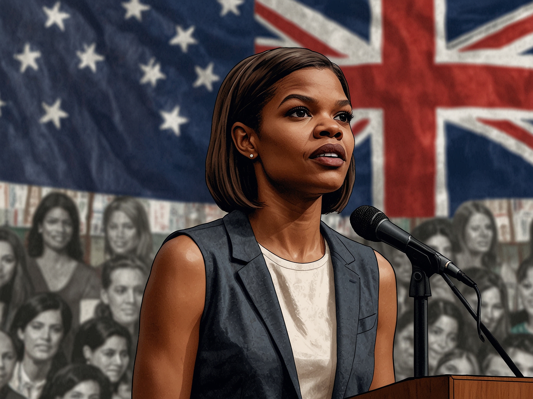 A visual representation of a crowded public speaking event with a 'Visa Denied' stamp overlay, capturing the tension between controversial speakers and societal reactions.