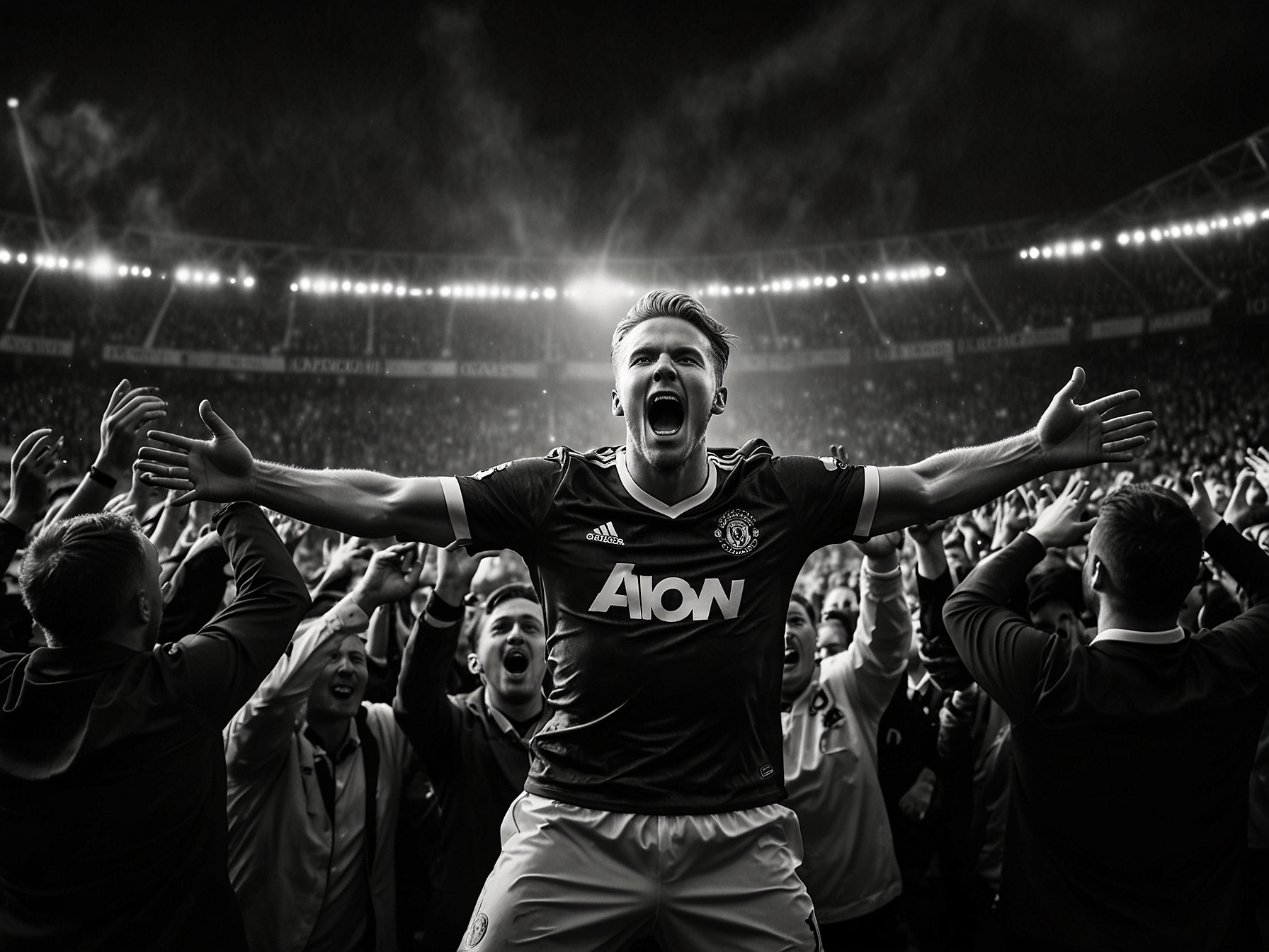 An electrifying scene at Old Trafford, where Rasmus Hojlund celebrates after scoring a crucial goal, surrounded by fans cheering in excitement during the Europa League match.