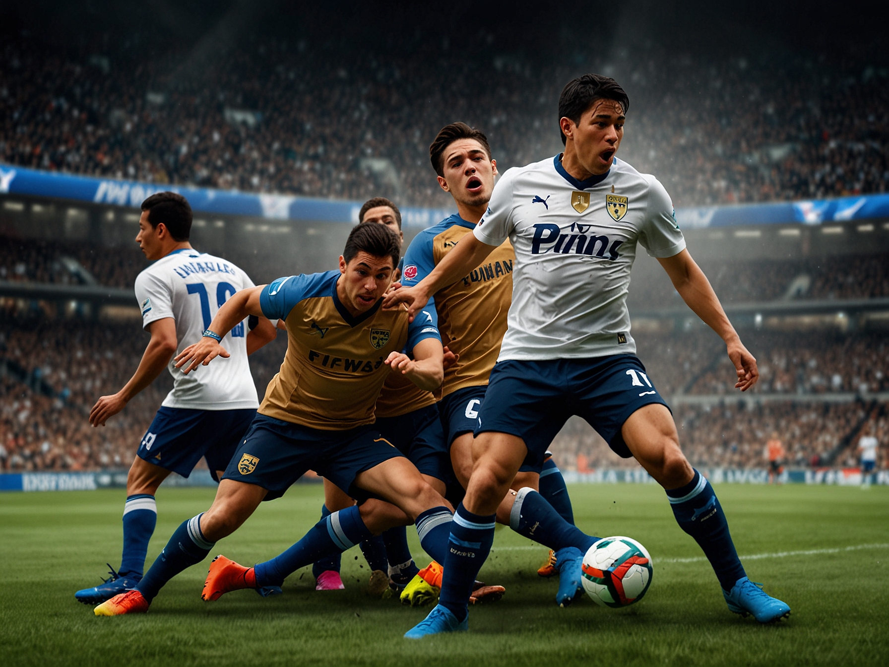 An intense moment from a previous Pumas vs Monterrey match, showcasing players in action as they battle for control of the ball in a vibrant stadium filled with passionate fans.