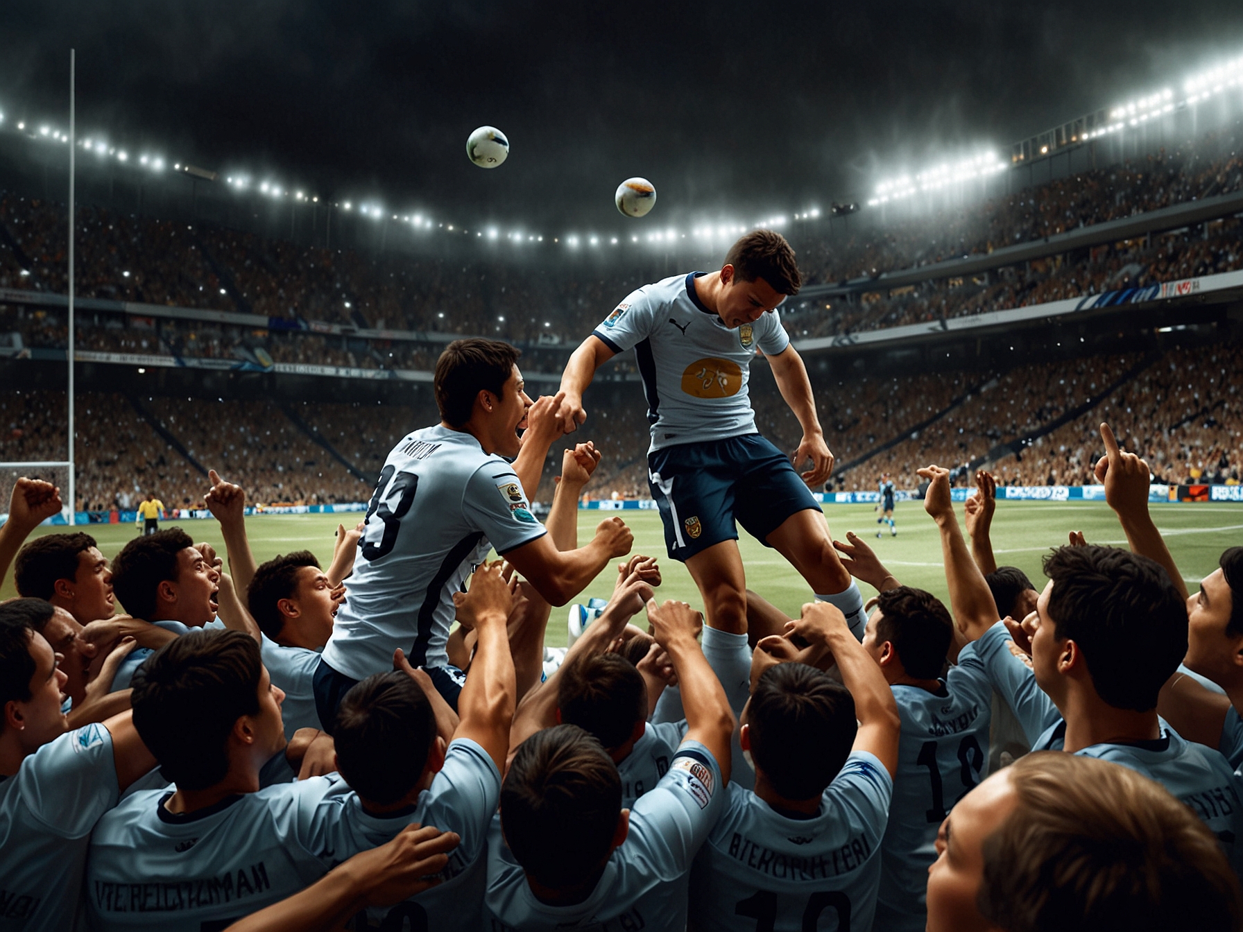 César Huerta dribbling past defenders, embodying his pivotal role for Pumas in their Liguilla journey, with the stadium's anticipation electrifying the atmosphere.