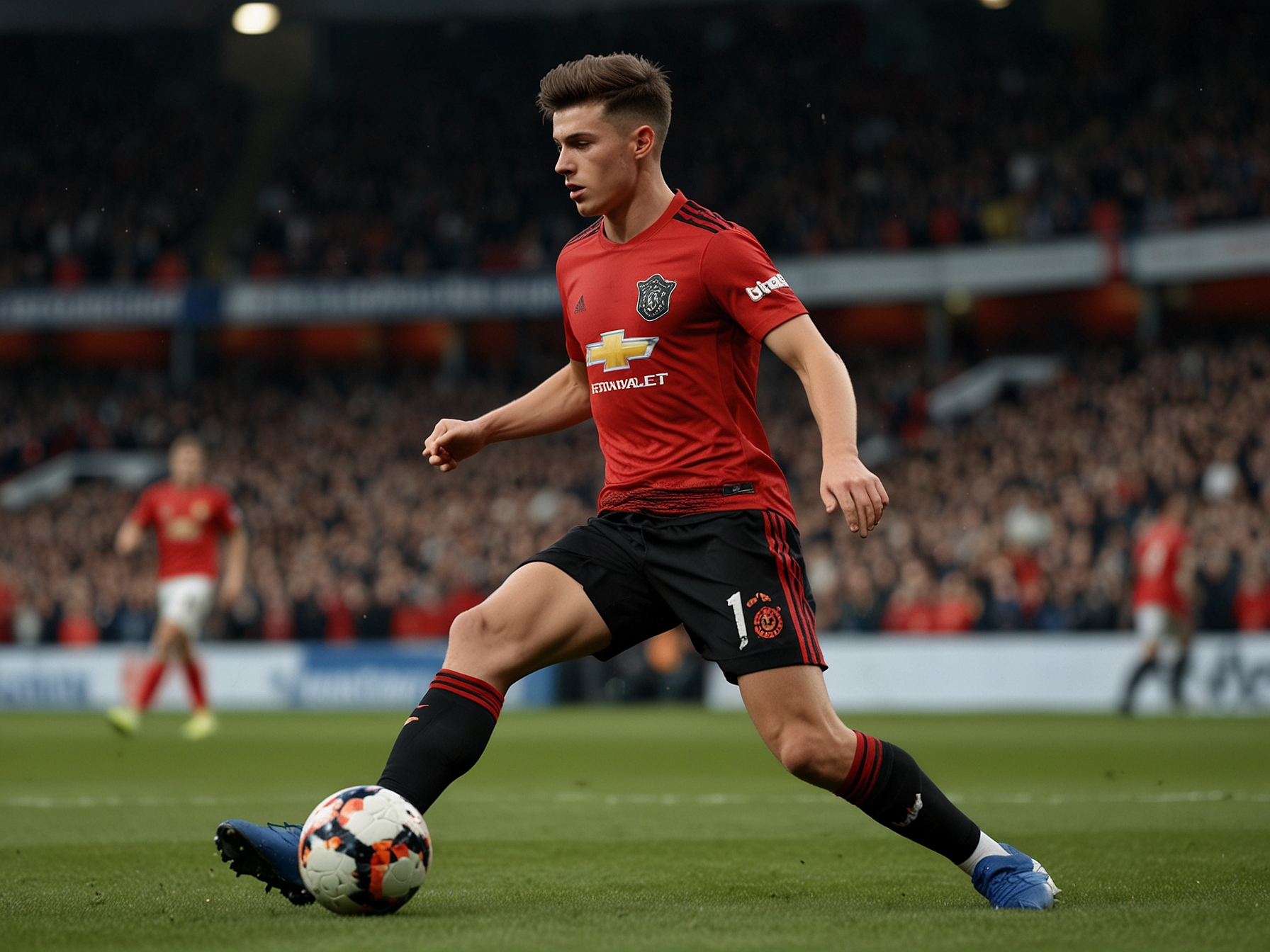 Mason Mount dribbling past an opponent with determination during the match at Old Trafford, signifying his impactful presence on the field.