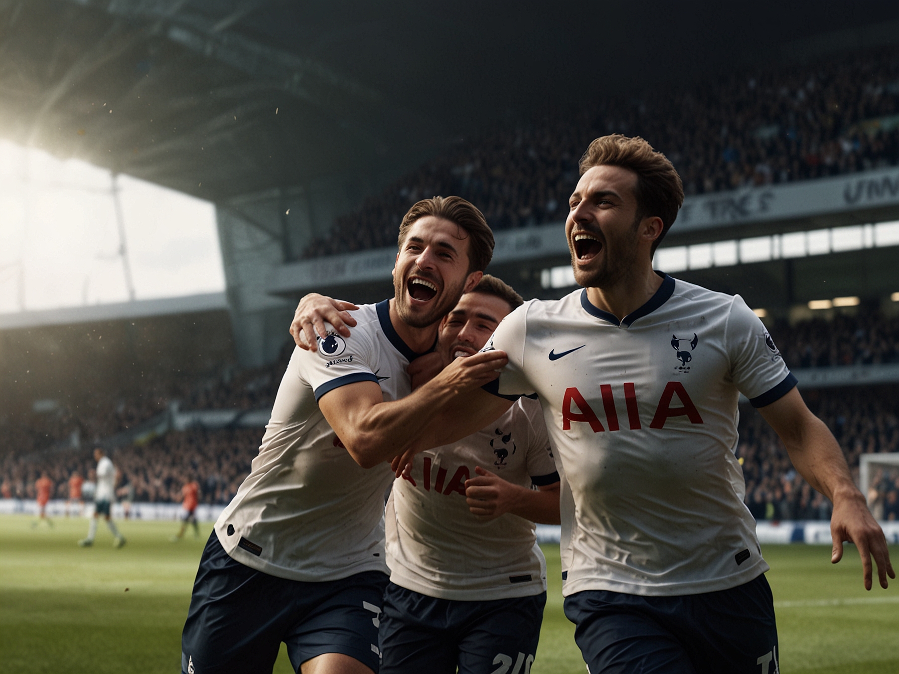 An action shot of Tottenham players celebrating after scoring a goal, with fans in the background showing a mix of joy and tension as they hope for a win.