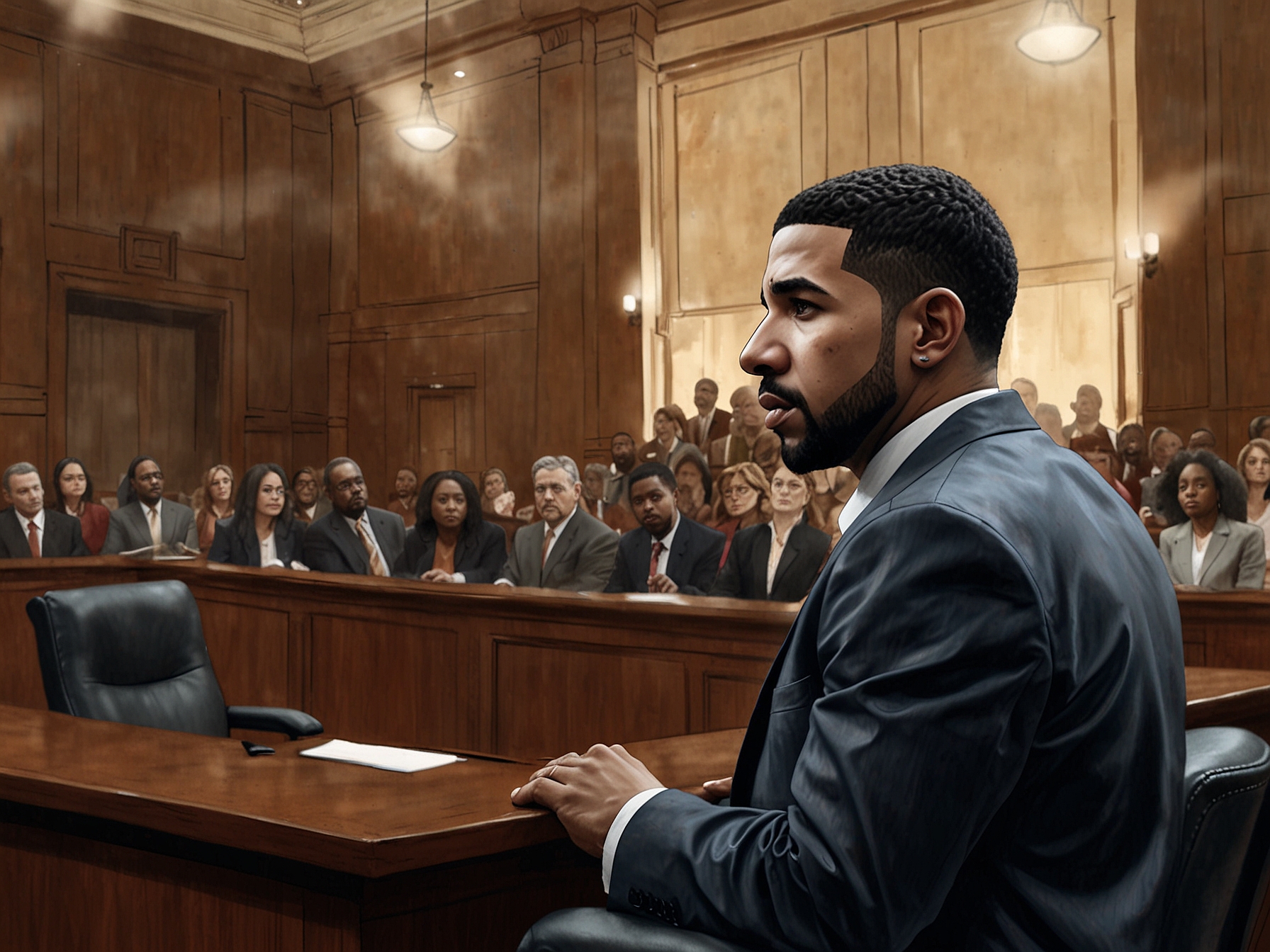 An illustration depicting Drake and Kendrick Lamar facing off in a dramatic courtroom setting, signifying their legal battles and the depth of their rivalry in the hip hop industry.