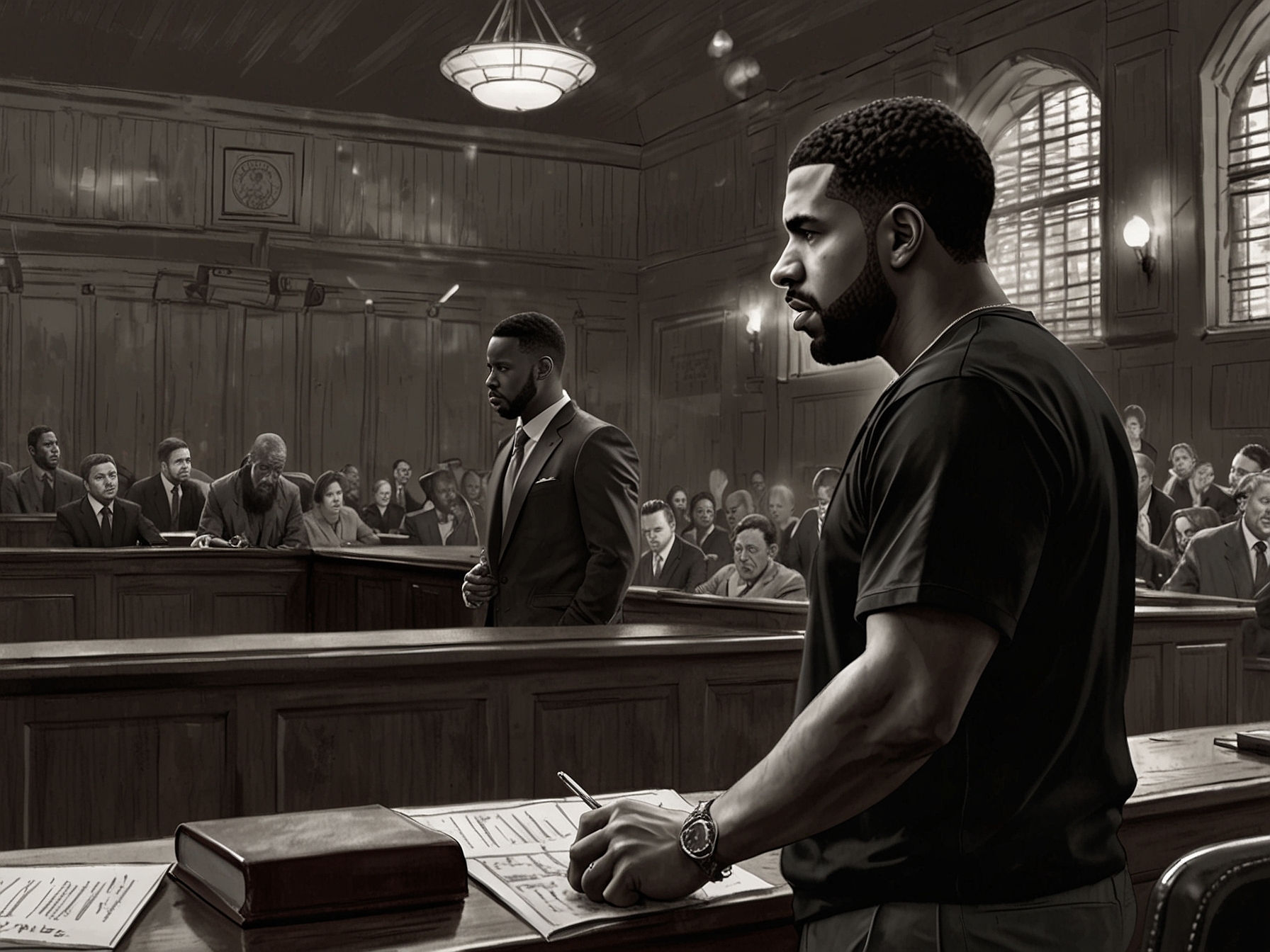 A split image showing a concert scene with Drake confidently performing and Kendrick Lamar in a recording studio, representing their contrasting approaches to their feud.