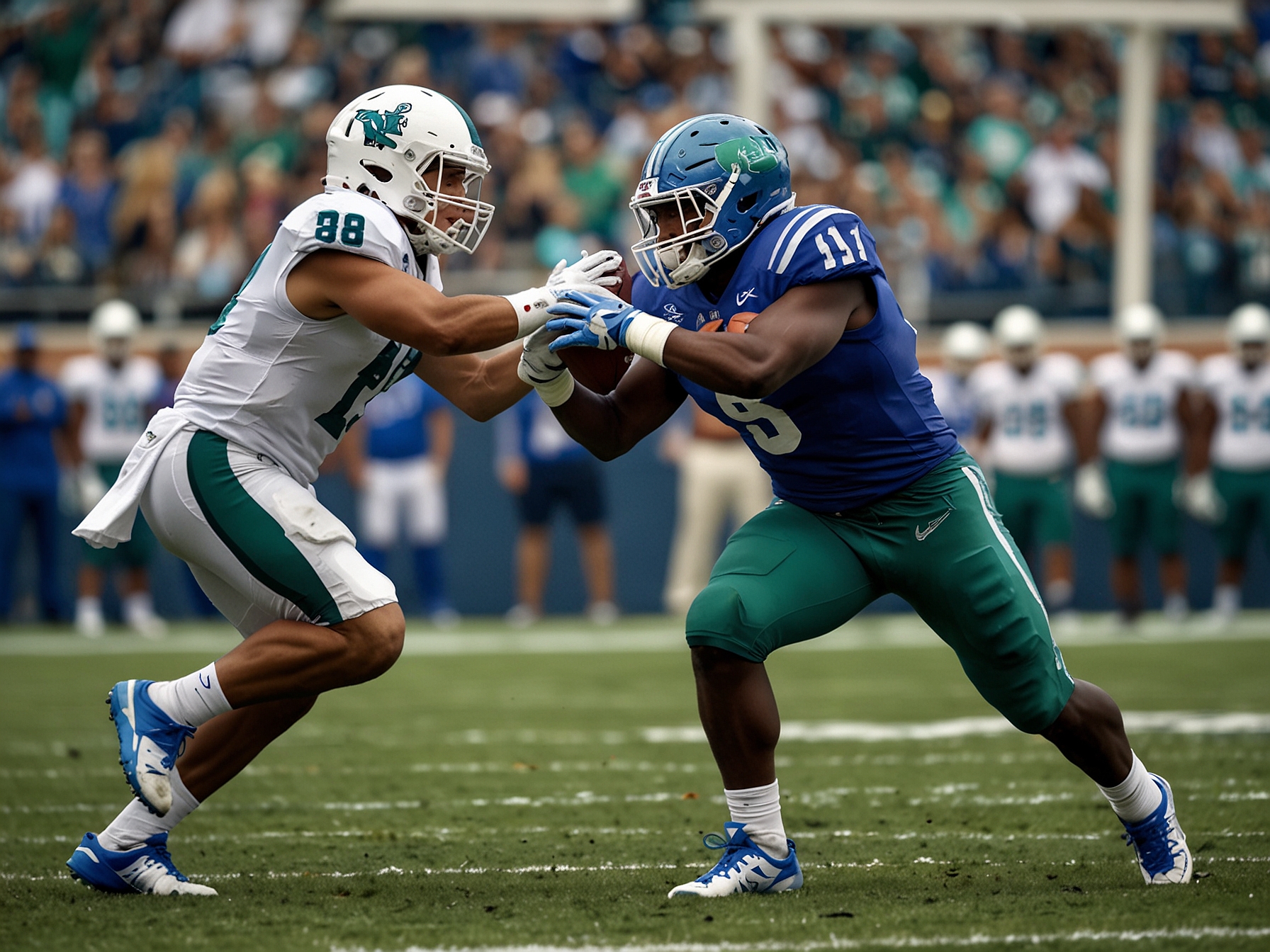 Action shot of Tulane and Memphis players during a college football game, showcasing intense competition and athleticism on the gridiron.