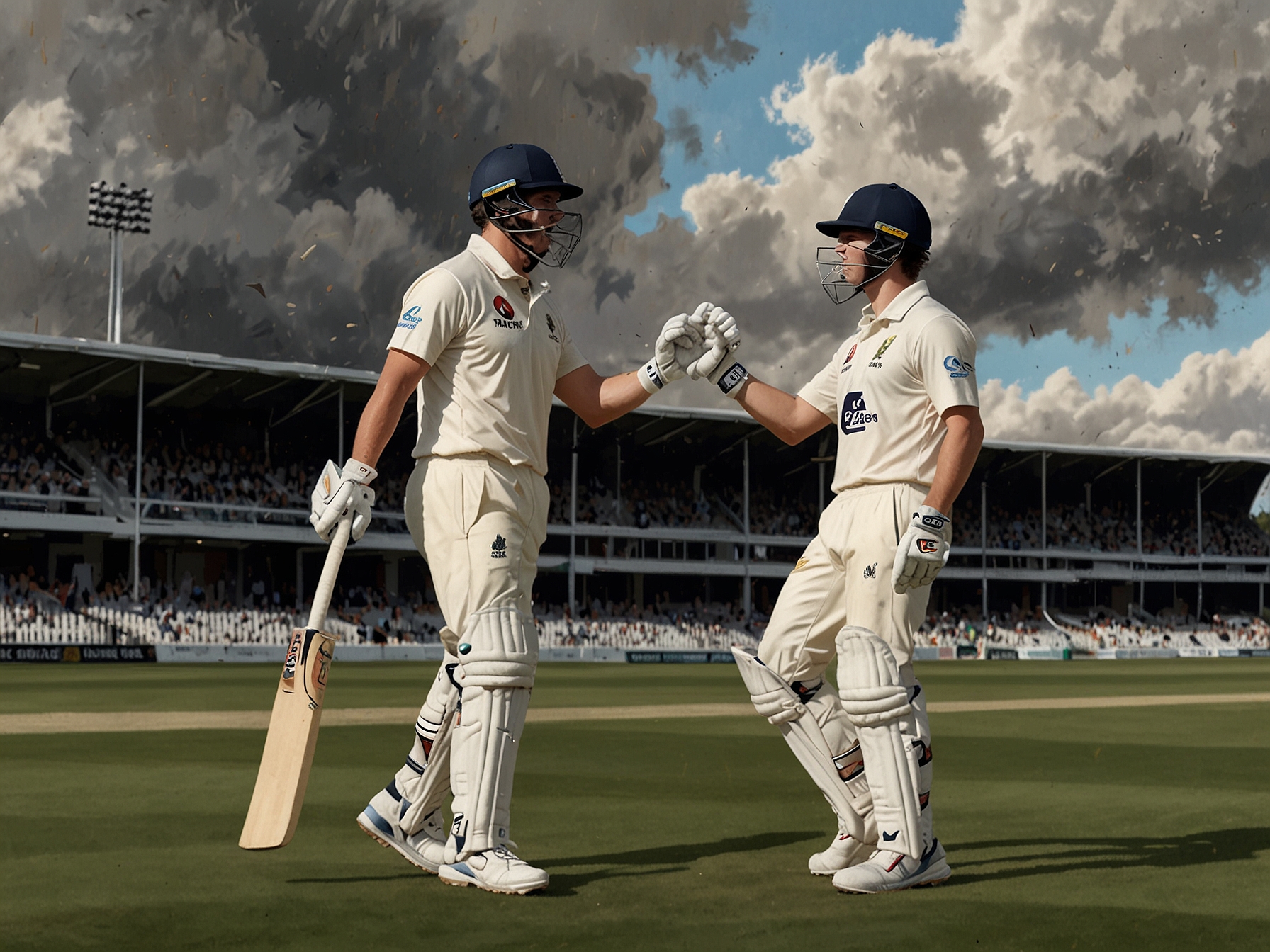 Harry Brook and Ollie Pope celebrating a partnership on the cricket field at Hagley Oval, with dynamic expressions demonstrating their determination and teamwork under challenging weather conditions.