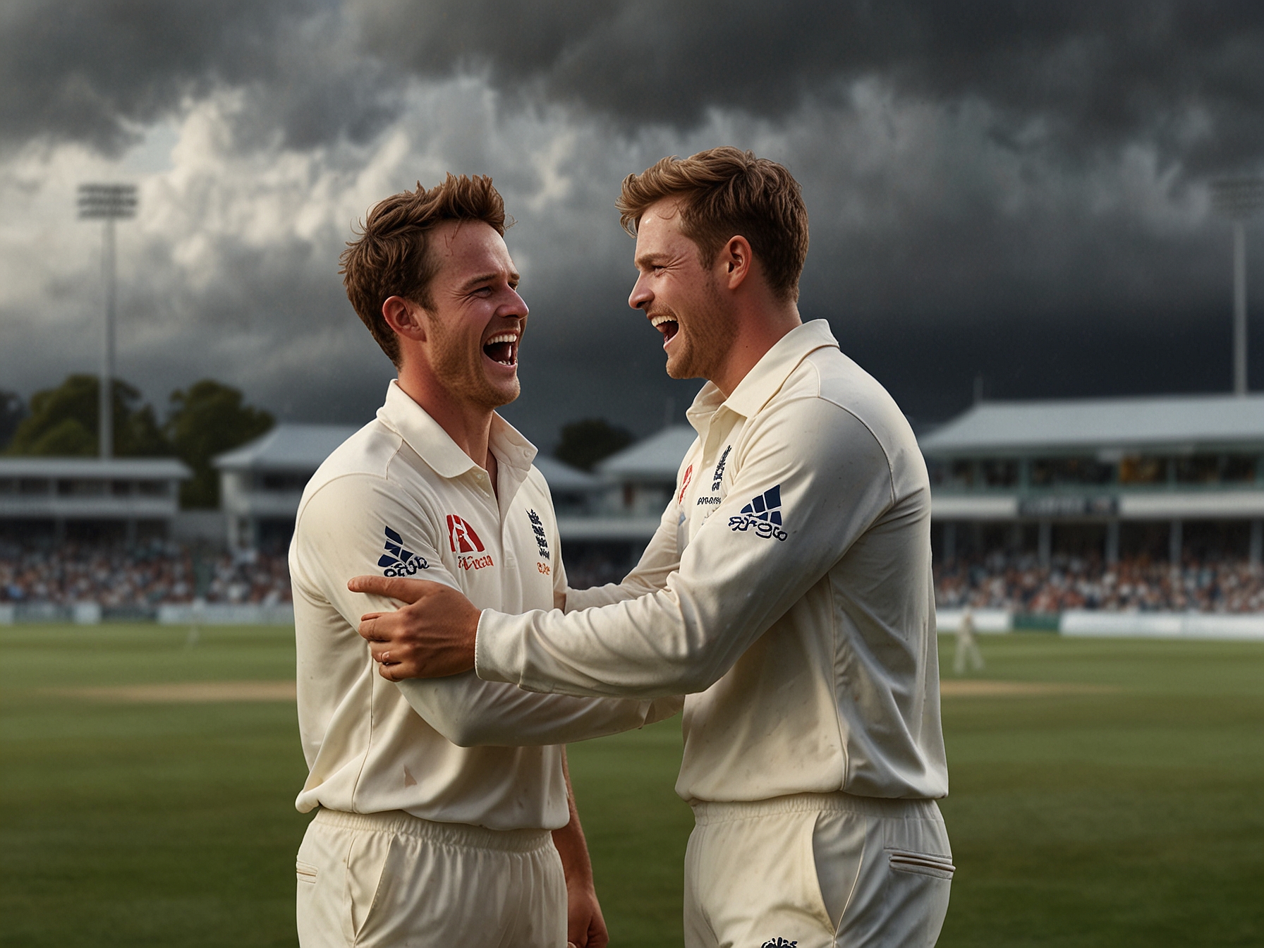 A dramatic scene at Hagley Oval showing New Zealand bowlers in action, with dark clouds looming overhead, representing the tough conditions faced by the England batting lineup.