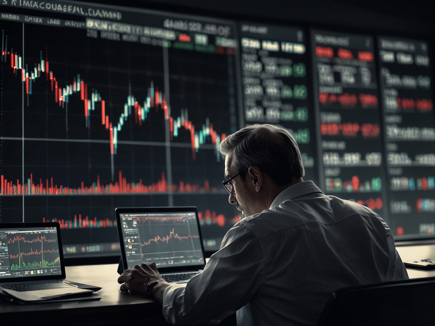 An investor looking at stock market graphs on a digital screen, showing a sharp decline in ADRO stock prices, capturing the emotion of market volatility.