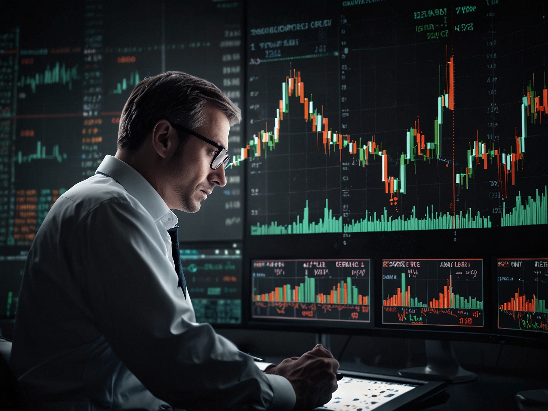 A stock trader's desk cluttered with financial reports and a laptop displaying the recent trading activity of ADRO, symbolizing the chaotic investment environment.