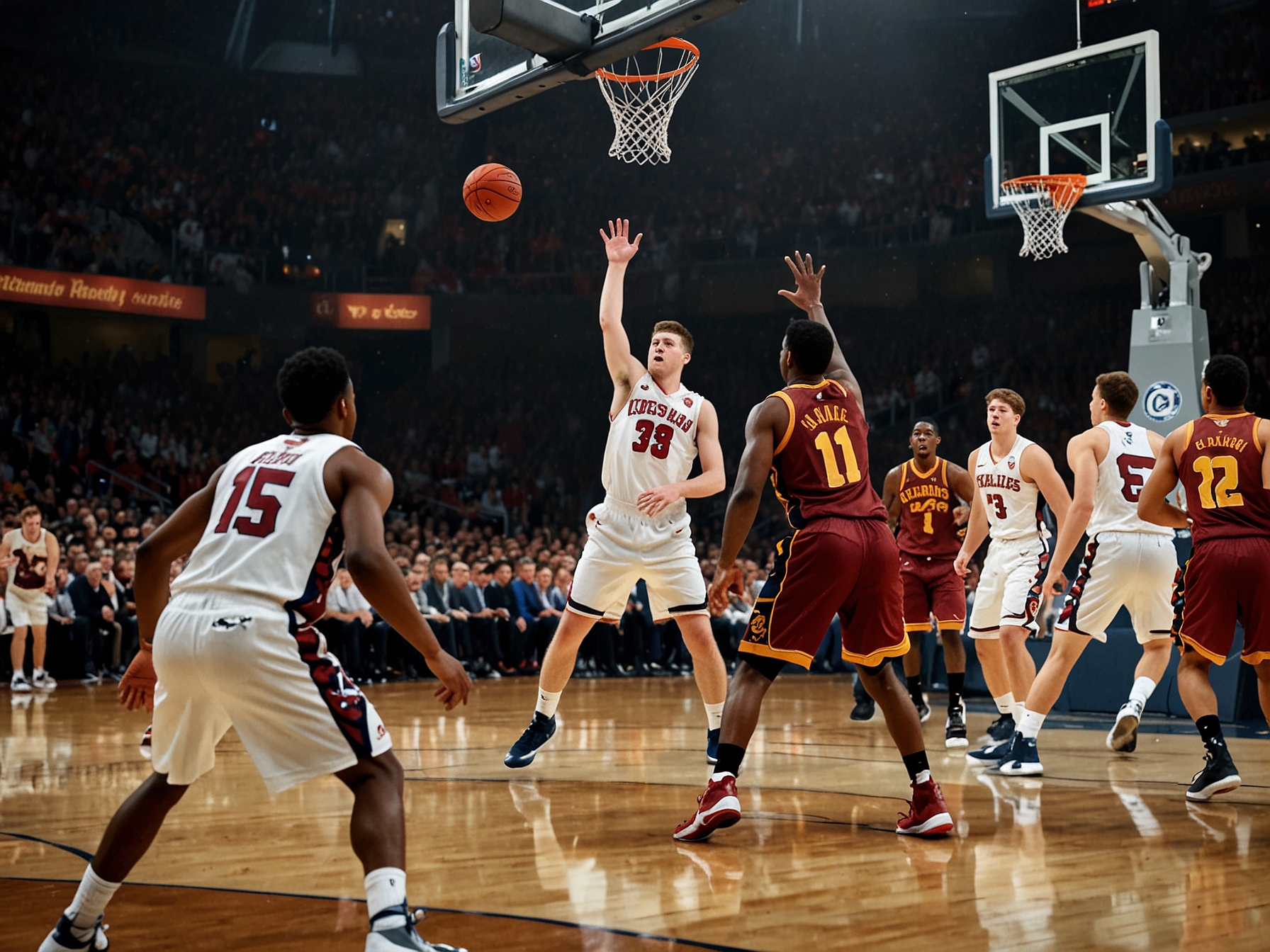 A dynamic shot of the Saint Mary's Gaels and USC Trojans players in action during a thrilling NCAA basketball game, showcasing intense competition and fan engagement.