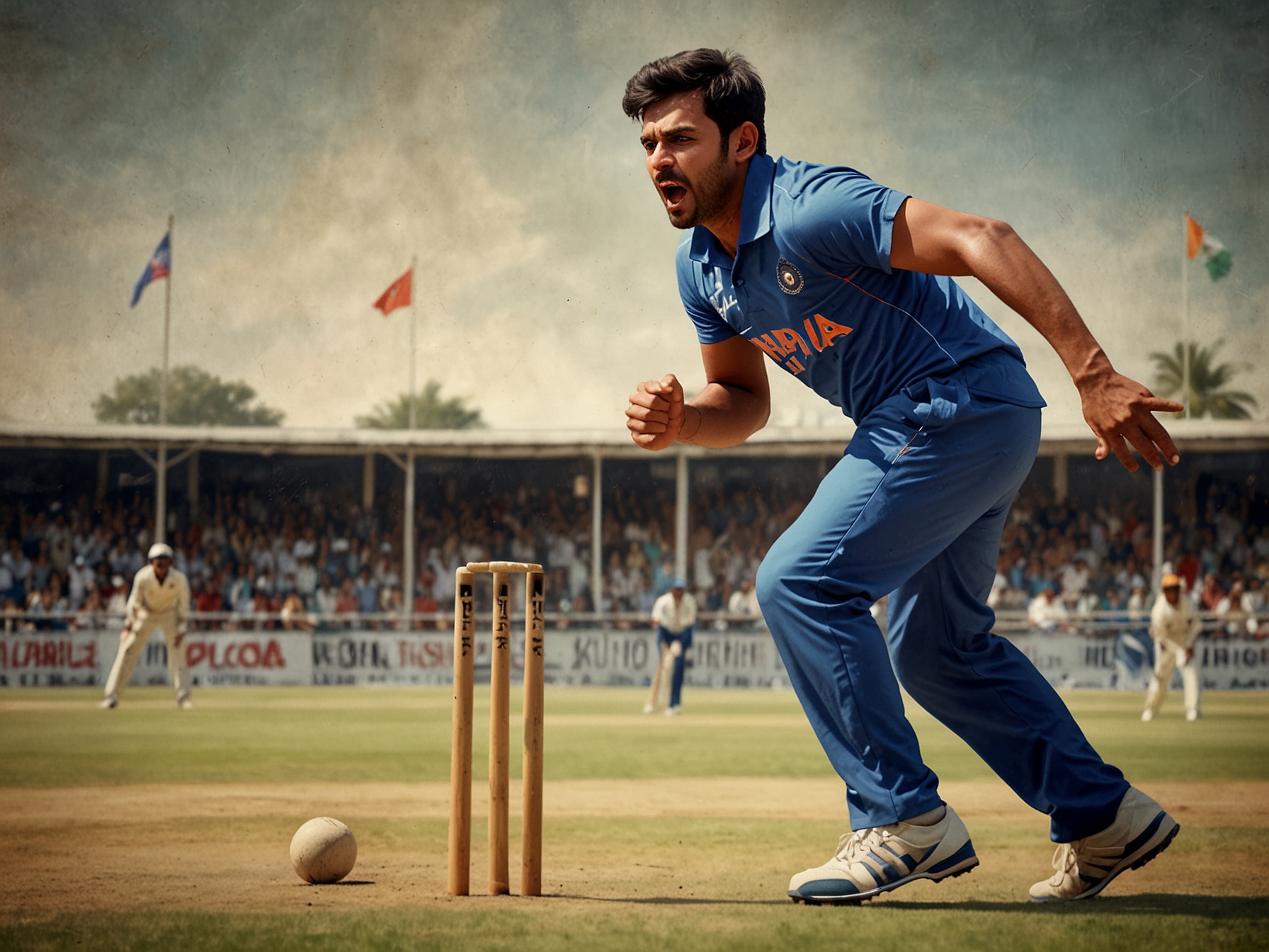 A focused Harshit Rana bowling during a match, showcasing his aggressive style and determination, with cricket grounds and fans in the background, symbolizing the excitement of his potential rise.