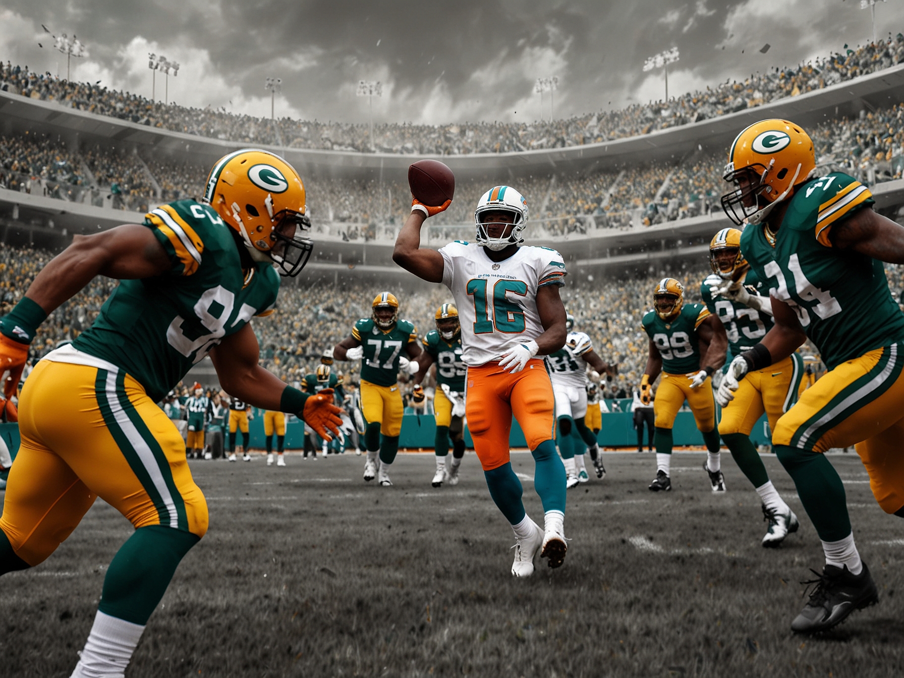 An action-packed scene of the Miami Dolphins and Green Bay Packers clashing on the field, showcasing players in full gear, the crowd cheering, and a festive atmosphere during the Thanksgiving game.
