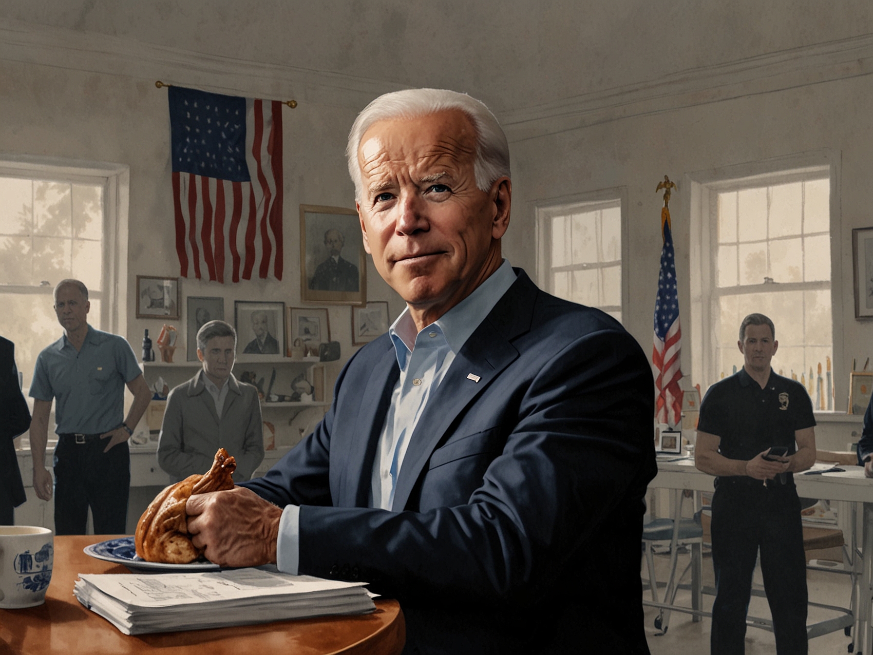 A serene Thanksgiving gathering with President Biden at a fire station, addressing the media while discussing tariffs with a backdrop of patriotic decor.