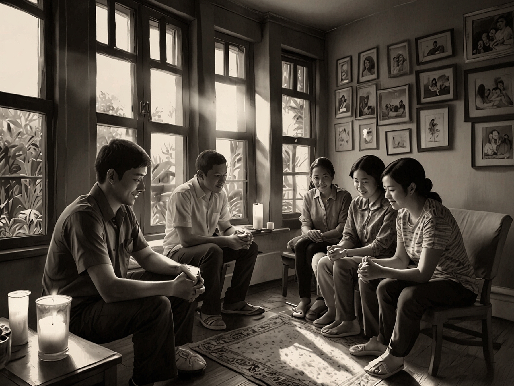 An image of a warm, sunlit room filled with family photos and candles, symbolizing the love and memories shared by Rahayu Effendi's family during their time of mourning.