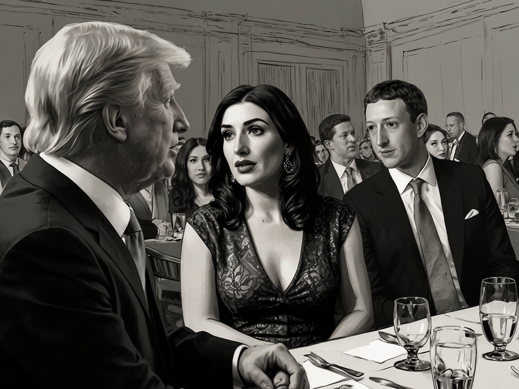 A split image showing Laura Loomer passionately speaking on social media on one side and Mark Zuckerberg at a formal dinner with Donald Trump on the other, symbolizing the controversy.