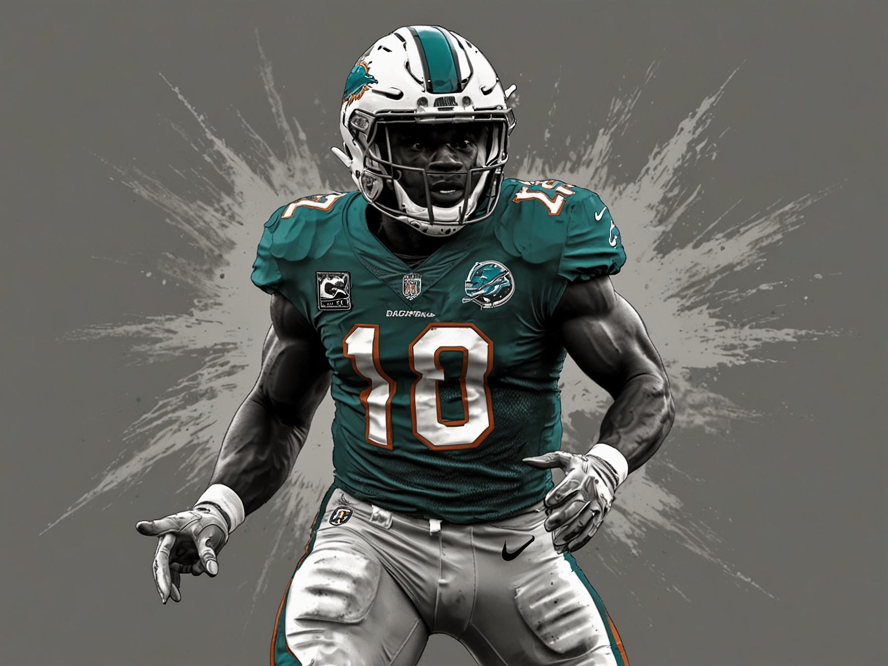An action shot of Tyreek Hill in a Dolphins uniform, catching a pass during a game, illustrating his explosive playing style and significance in the team's offense.