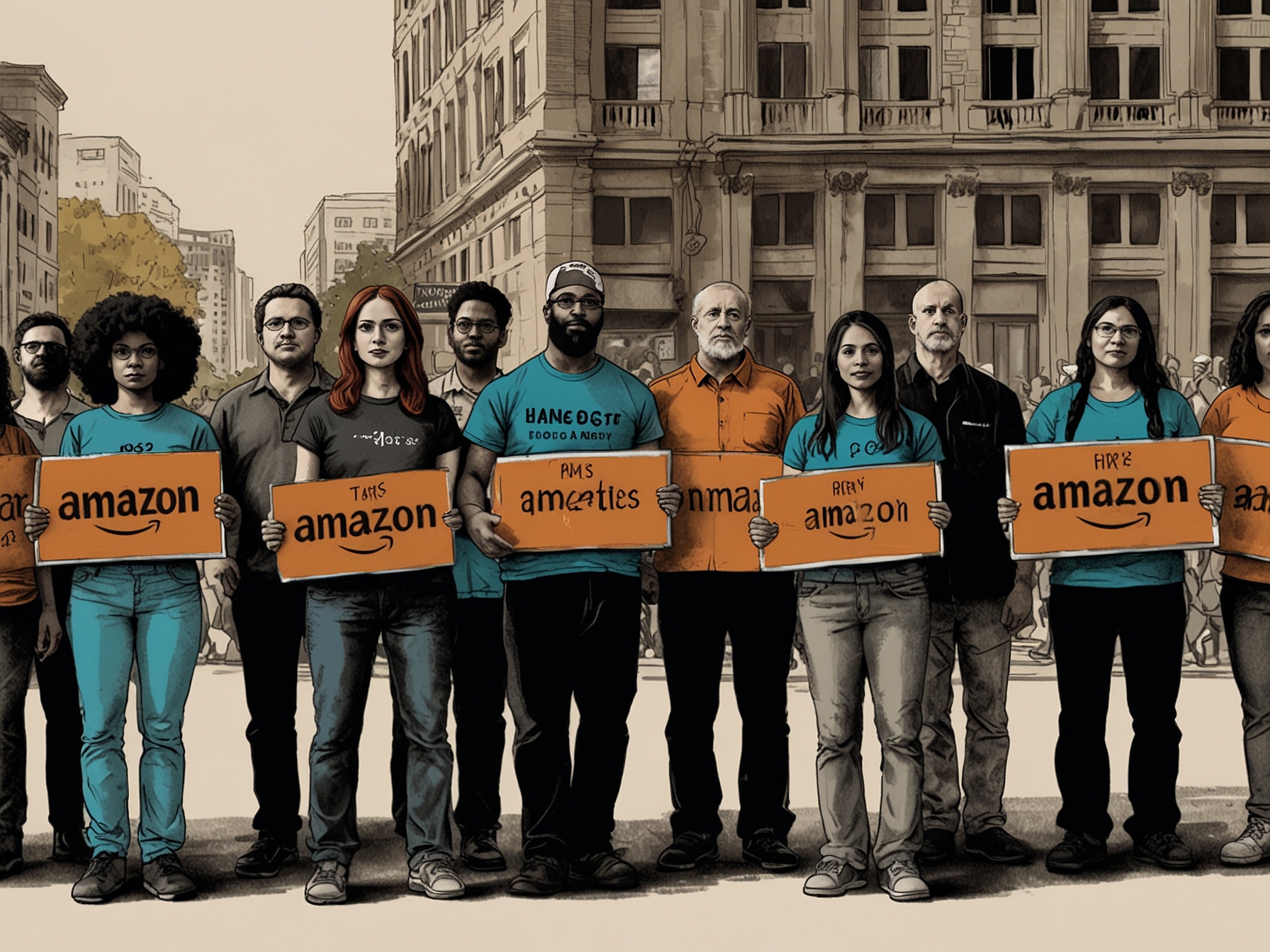 A close-up of a protest sign that reads 'Fair Wages Now' surrounded by passionate Amazon workers raising their fists in support during a global strike.