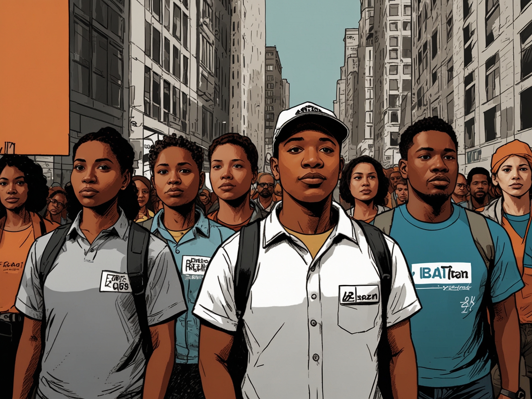 An Amazon fulfillment center with workers walking out, showing the contrast between the vast corporate buildings and the united workers demanding change on the street.