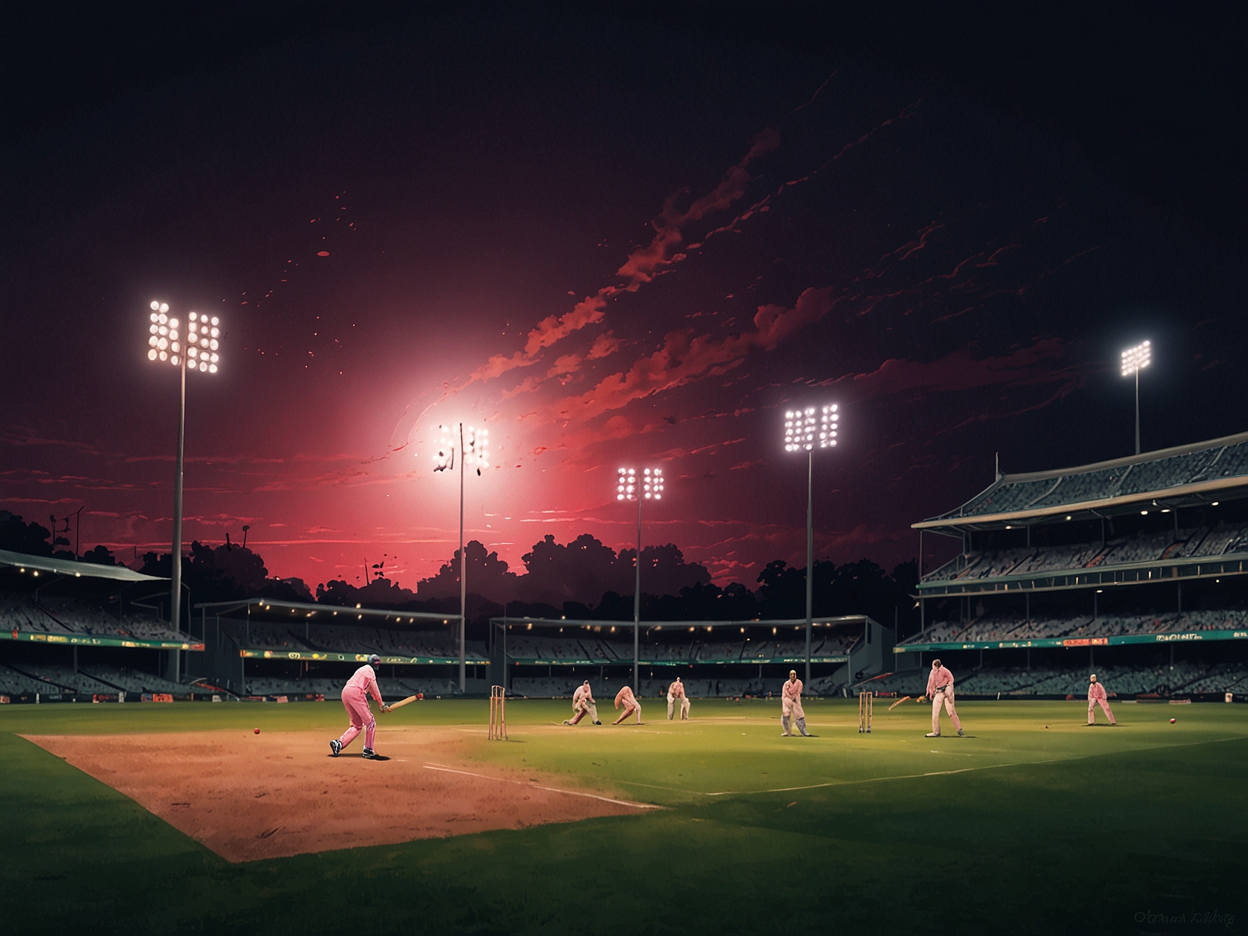 A dynamic shot of Indian cricketers practicing under lights with a pink ball, showcasing the vibrant atmosphere of the warm-up match against PM's XI and highlighting the excitement before the day-night Test in Adelaide.