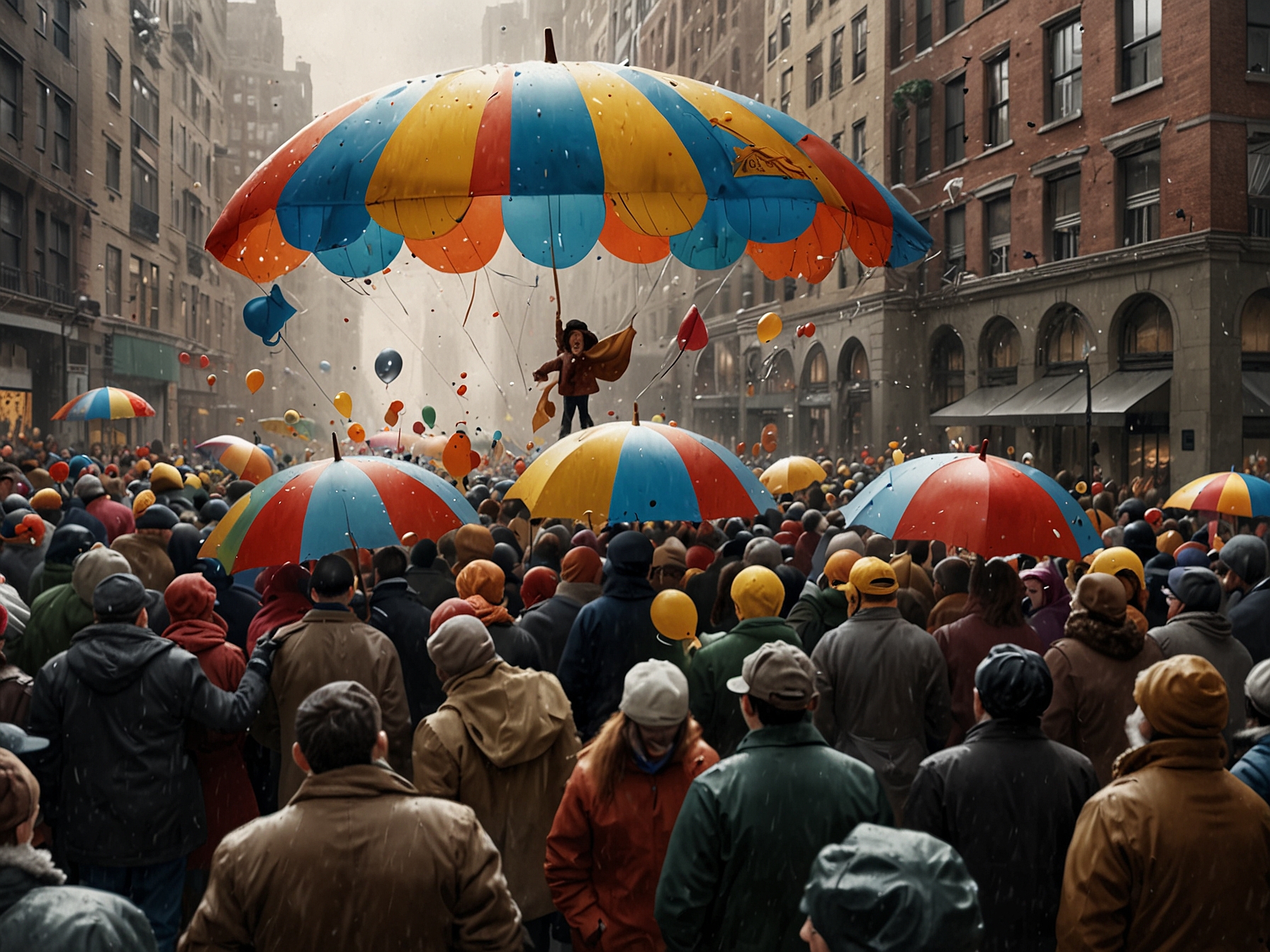 A vibrant float featuring a knight battling a dragon made entirely of pasta, adding a touch of creativity to the parade amidst the rainy backdrop of New York City.