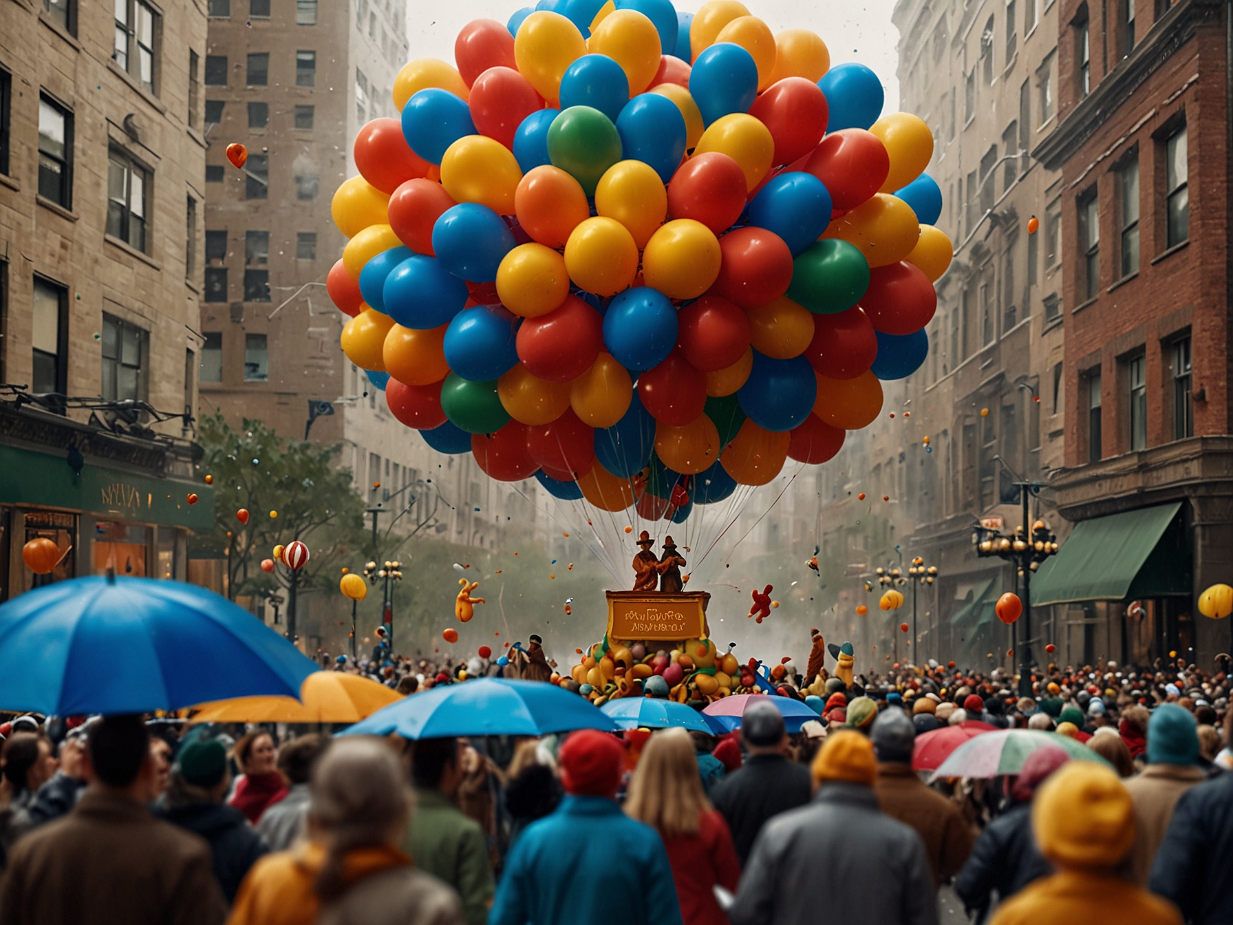 Giant balloons of popular characters like Spider-Man and Minnie Mouse float above enthusiastic spectators, capturing the joyful essence of the Macy's Thanksgiving Day Parade during rainy weather.