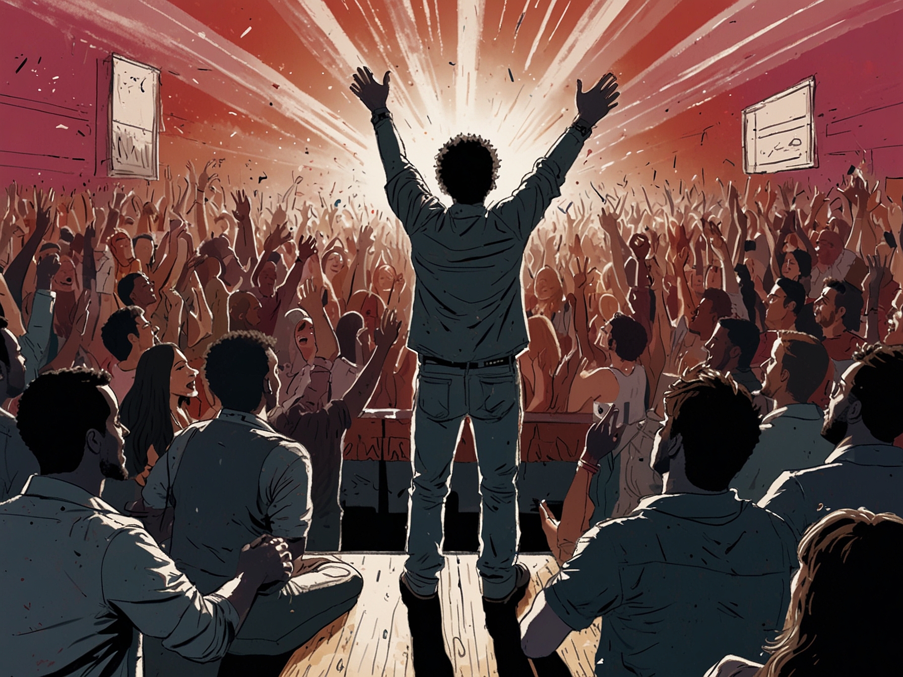 A vibrant concert scene featuring Shaboozey performing in front of a large, enthusiastic crowd, capturing the excitement of his rise to fame.