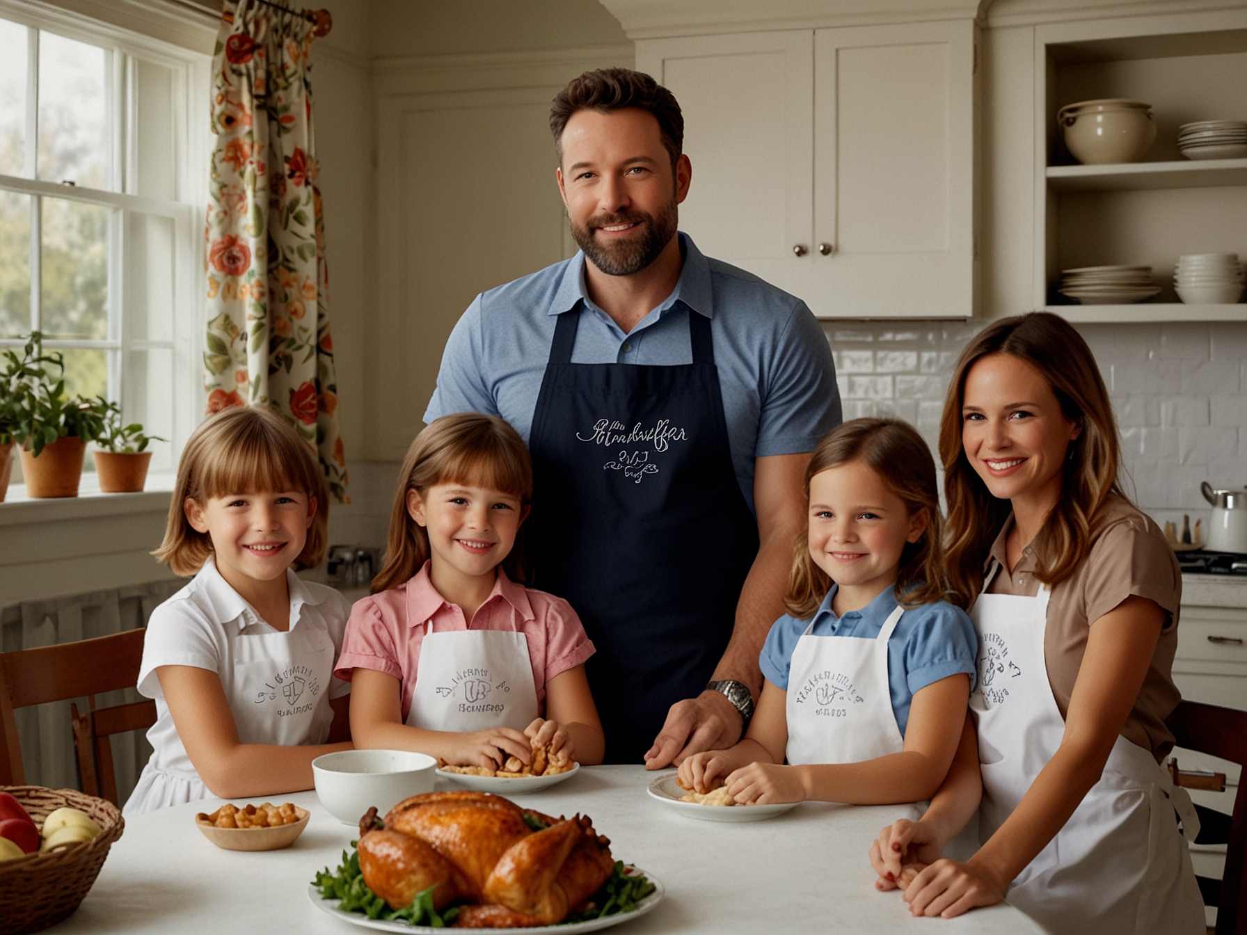 Ben Affleck and Jennifer Garner smiling in matching aprons at a charity event, surrounded by their children, engaging in community service during Thanksgiving.
