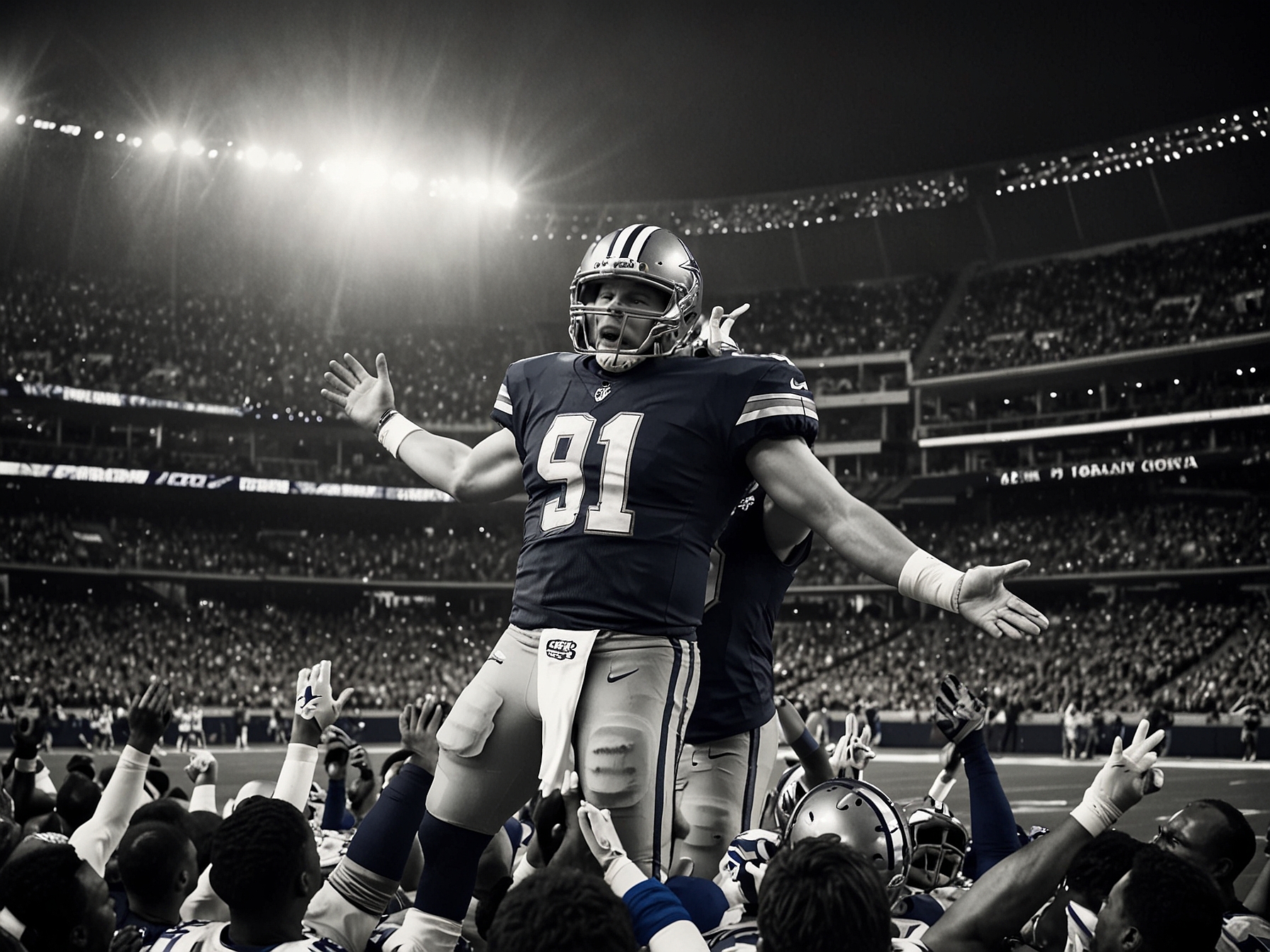 A jubilant crowd at AT&T Stadium celebrates as the Dallas Cowboys secure a 27-20 win against the New York Giants, marking an end to a long home losing streak.