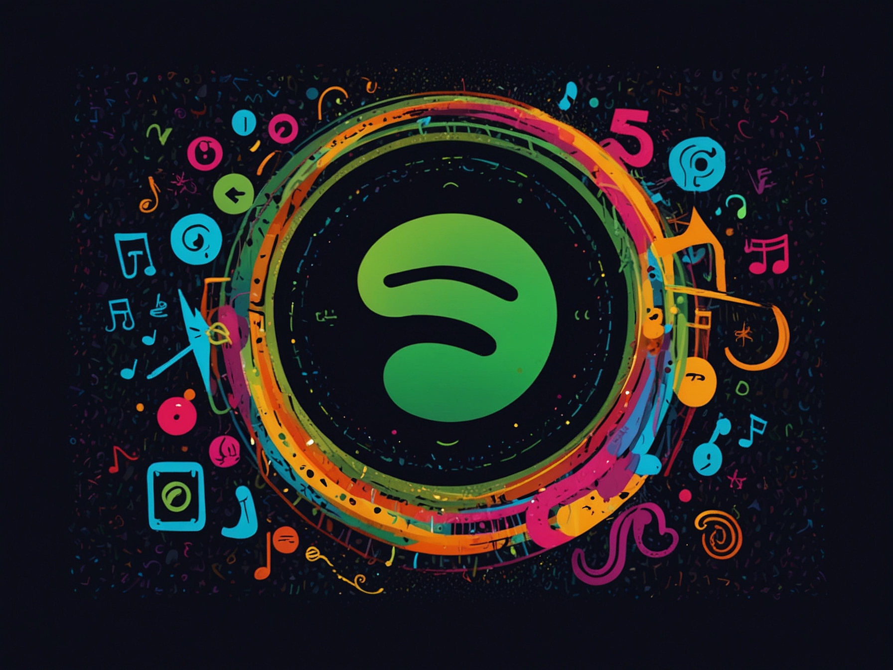 An artistic representation of a smartphone displaying the Spotify app with 'Wrapped 2024' highlighted, surrounded by musical elements like headphones and notes that convey excitement.