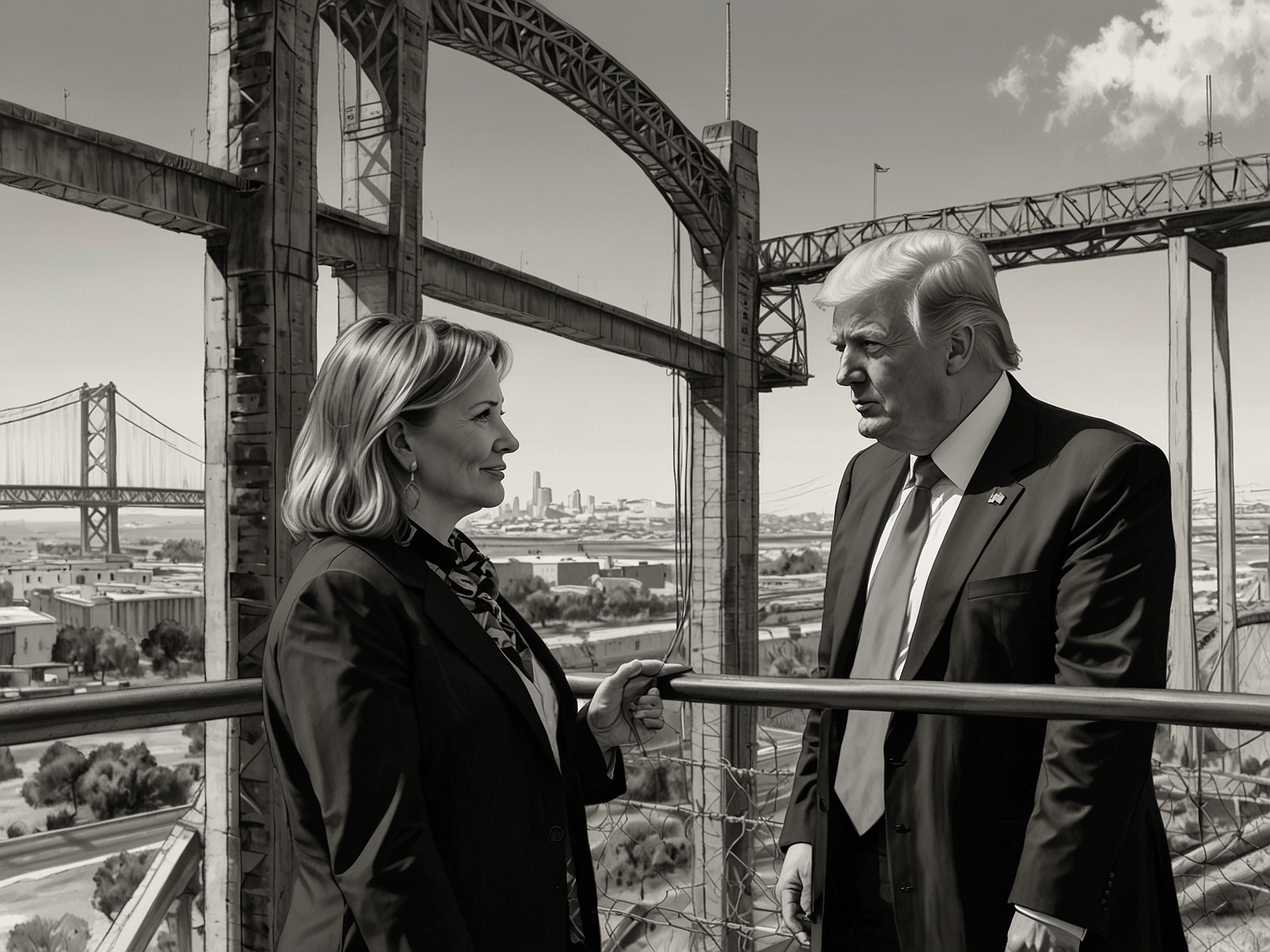 An illustration depicting Trump and Sheinbaum in a phone conversation with contrasting backgrounds: Trump's side showing a border wall and Sheinbaum's side filled with bridges symbolizing connection.