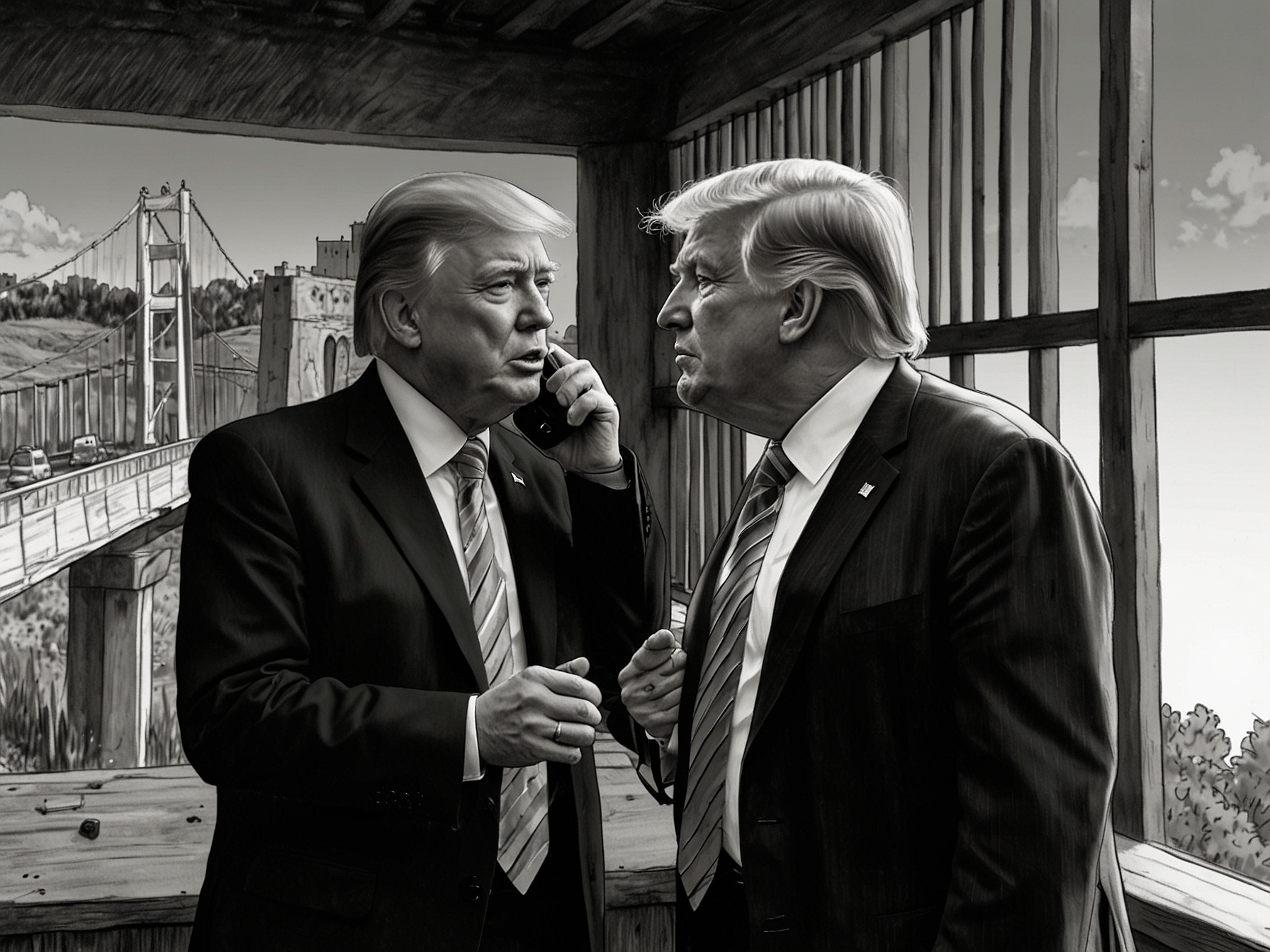 A cartoon showing Trump and Sheinbaum debating immigration policies over a border with divided opinions represented visually through speech bubbles.