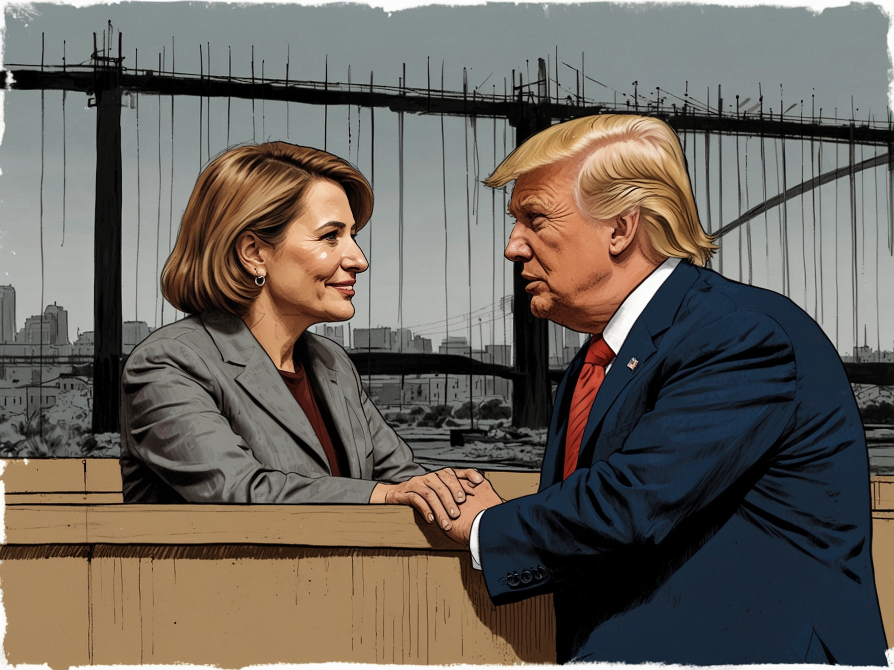 An artistic representation of the U.S.-Mexico border with symbols of cooperation like handshake and bridges amidst a divided landscape representing current tensions.