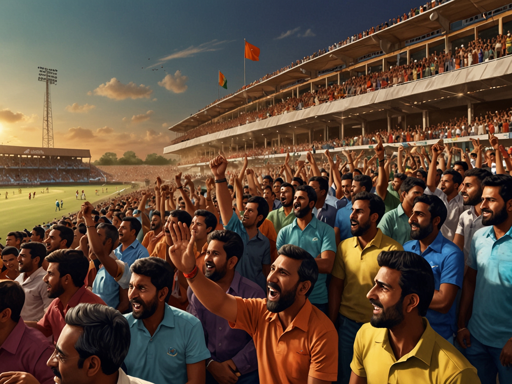 A vibrant scene of a packed stadium filled with enthusiastic fans cheering for their favorite teams during the Syed Mushtaq Ali Trophy 2024, showcasing the passion of cricket in India.